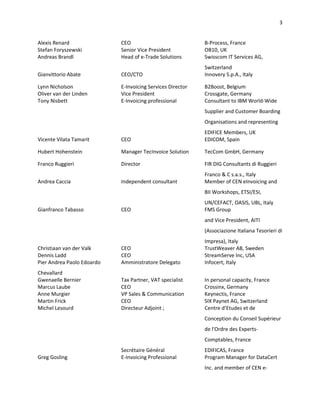 3


Alexis Renard               CEO                             B-Process, France
Stefan Foryszewski          Senior Vice President           OB10, UK
Andreas Brandl              Head of e-Trade Solutions       Swisscom IT Services AG,
                                                            Switzerland
Gianvittorio Abate          CEO/CTO                         Innovery S.p.A., Italy

Lynn Nicholson              E-Invoicing Services Director   B2Boost, Belgium
Oliver van der Linden       Vice President                  Crossgate, Germany
Tony Nisbett                E-Invoicing professional        Consultant to IBM World-Wide
                                                            Supplier and Customer Boarding
                                                            Organisations and representing
                                                            EDIFICE Members, UK
Vicente Vilata Tamarit      CEO                             EDICOM, Spain

Hubert Hohenstein           Manager TecInvoice Solution     TecCom GmbH, Germany

Franco Ruggieri             Director                        FIR DIG Consultants di Ruggieri
                                                            Franco & C s.a.s., Italy
Andrea Caccia               Independent consultant          Member of CEN eInvoicing and
                                                            BII Workshops, ETSI/ESI,
                                                            UN/CEFACT, OASIS, UBL, Italy
Gianfranco Tabasso          CEO                             FMS Group
                                                            and Vice President, AITI
                                                            (Associazione Italiana Tesorieri di
                                                            Impresa), Italy
Christiaan van der Valk     CEO                             TrustWeaver AB, Sweden
Dennis Ladd                 CEO                             StreamServe Inc, USA
Pier Andrea Paolo Edoardo   Amministratore Delegato         Infocert, Italy
Chevallard
Gwenaelle Bernier           Tax Partner, VAT specialist     In personal capacity, France
Marcus Laube                CEO                             Crossinx, Germany
Anne Murgier                VP Sales & Communication        Keynectis, France
Martin Frick                CEO                             SIX Paynet AG, Switzerland
Michel Lesourd              Directeur Adjoint ;             Centre d’Etudes et de
                                                            Conception du Conseil Supérieur
                                                            de l'Ordre des Experts-
                                                            Comptables, France
                            Secrétaire Général              EDIFICAS, France
Greg Gosling                E-Invoicing Professional        Program Manager for DataCert
                                                            Inc. and member of CEN e-
 