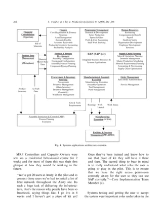 MRP Controllers and Capacity Owners were
sent on a residential behavioural course for 2
weeks and for most of them this was their ﬁrst
glimpse at how they would be working in the
future.
‘‘We’ve got 20 users at Ansty, in the pilot and to
connect those users we’ve had to install a lot of
ﬁbre network throughout the Ansty site. Its
such a huge task of delivering the infrastruc-
ture, that’s the reason why people have been so
frustrated, saying things like, I go live in 4
weeks and I haven’t got a piece of kit yet!
Once they’ve been trained and know how to
use that piece of kit they will have it there
and then. The second thing to bear in mind
is to really understand what roles the user is
going to play in the pilot. This is to ensure
that we have the right access permission
correctly set-up for the user so they can use
SAP correctly.’’—Core Implementation Team
Member (d).
Systems testing and getting the user to accept
the system were important roles undertaken in the
ARTICLE IN PRESS
Finance
Core Organisation & Finance
Structure
Asset Management
Accounts Payable
Accounts Receivable
Product & Inventory Accounting
Profitability Analysis
Programme Management
Research & Development
Series Production
Spares & Other
Profit & Cost Accounting
Staff Work Booking
Human Resources
Resourcing
Compensation & Benefit
Payroll
Health & Safety
Organisation Development
Employee Development
Pensions
Product & Process
Development
Assembly Configuration
Component Configuration
Assembly Process Planning
Component Process Planning
ERP (SAP R/3)
Integrated Business Processes &
Systems Applications
Supply Chain Planning
Sales & Operations Planning
Demands Management
Master Production Scheduling
Material Requirements Planning
Forecasting & Provisioning
Supply Chain Optimisation
Procurement & Inventory
Sourcing
Procurement
Inventory Management
(Manufacturing)
Inventory Management
(Assembly)
Warehouse Management
Manufacturing & Assembly
Execution
Manufacturing Execution
Assembly Operations
Tool Management
Plant Management
Order Management
Sales Order Administration
Service Management
Manufacturing
Execution (SFDM)
Work StatusRoutings Work
Launch
Product Data
Management
(Metaphase)
Bill of
Materials
Material
Master Basic
Data
Assembly Instruction & Control (CAPP)
Process Planning
Execution
Product
Structure
As-built
Data
Kits & Tools
Requirements
Facilities & Services
Management (MAXIMO)
Financial
Consolidation
(Hyperion)
Fig. 4. Systems applications architecture overview.
Y. Yusuf et al. / Int. J. Production Economics 87 (2004) 251–266262
 