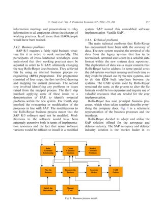 information meetings and presentations to relay
information to all employees about the changes of
working practices. In all, more than 10,000 people
would have been trained.
5.4.2. Business problems
SAP R/3 requires a fairly rigid business struc-
ture for it in order to work successfully. The
participants of cross-functional workshops soon
understood that their working practices must be
adjusted in order to ﬁt SAP, ultimately changing
the way Rolls-Royce does business. They achieved
this by using an internal business process re-
engineering (BPR) programme. The programme
consisted of four steps, the ﬁrst involved drawing
and mapping the current processes. The second
step involved identifying any problems or issues
raised from the mapped process. The third step
involved applying some of these issues to a
demonstration of SAP, to identify potential
problems within the new system. The fourth step
involved the re-mapping or modiﬁcation of the
processes in line with SAP. The modiﬁcations to
the Rolls-Royce business process meant that the
SAP R/3 software need not be modiﬁed. Mod-
iﬁcations to the software would have been
extremely expensive both in terms of implementa-
tion resources and the fact that newer software
versions would be difﬁcult to install in a modiﬁed
system. SAP named this unmodiﬁed software
implementation ‘Vanilla SAP’.
5.4.3. Technical problems
The main technical problems that Rolls-Royce
has encountered have been with the accuracy of
data. The new system requires the retrieval of old
data from the legacy systems that has to be
normalised, screened and stored in a sensible data
format within the new systems data repository.
The duplication of data was a major concern that
Rolls-Royce had to address. In some special areas
the old systems was kept running until such time as
they could be phased out by the new systems, and
to do this EDS built interfaces between the
systems. The CAD system used by Rolls-Royce
remained the same, as the process to alter the ﬁle
formats would be too expensive and require use of
valuable resources that are needed for the core
implementation.
Rolls-Royce has nine principal business pro-
cesses, which when taken together describe every-
thing the company does. Fig. 1 is a schematic
representation of the business processes and the
interfaces.
Rolls-Royce decided to adopt and utilise the
SAP solution offered for the aerospace and
defence industry. The SAP aerospace and defence
industry solution is the market leader in its
ARTICLE IN PRESS
Create
Customer
Solutions
Resolve
Customer
Problems
Build
Customer
Relationship
Plan the
Business
Resource the
Business
Generate
Orders
Fulfil
Orders
Satisfy the
Shareholder
Manage
Cash
Fig. 1. Business process model.
Y. Yusuf et al. / Int. J. Production Economics 87 (2004) 251–266 257
 