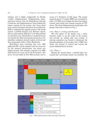 industry and is highly conﬁgurable for ﬂexible
‘vanilla’ implementation. Predetermined imple-
mentation points from the Rolls-Royce Steering
Committee and Implementation Team deﬁned the
release strategy for the project. Any future third
party software products must ﬁrst be accredited by
SAP to safeguard the upgrade process and would
require a justiﬁed business case. Business reports
that are generated by SAP have to be fully justiﬁed
in a business case, which follows a standard format
for internal use. Data entering the project has to be
identiﬁed, validated, cleaned, loaded, archived and
then maintained within a Data Warehouse.
Rolls-Royce have estimated that over 1000
additional PCs will be required and the total cost
for the network infrastructure was about two
million pounds. The company required over 6000
SAP licences for users across all the business. The
server was provided by Sun Microsystems and in
excess of 2 Terabytes of disk space. The system
required almost 35 weekly MRP runs cascaded by
plant. A UNIX server bridges the data from legacy
systems and testing and training required an NT
server. The detail implementation model plan with
project time-scale is shown in Fig. 2.
5.4.4. Phase 1 (strategy and direction)
The ﬁrst phase of the project was a short
intensive study to set the scope of the project
and provide an outline plan and costing. A
steering committee was formed to administer the
ﬁnancial guidance of the project and a ‘ERP Core
Team’ was formed to control and oversee the
actual implementation process.
5.4.5. Phase 2
During the second phase a detailed plan was
created and a prototype system was installed. An
ARTICLE IN PRESS
1 Strategy & Direction
2 Planning Analysis & Convergence
3 Early Deployment
4
5
6
Wave 1 – Focus on Operations
Wave 1 – Pilot
Wave 2 – Focus on Assembly & Spares
Key
Phase 1
Phase 2
Phase 3
1
2
3
4 5
6
1998 1999 2000
Q1 Q2 Q3 Q4 Q1 Q2 Q3 Q4 Q1 Q2 Q3 Q4 Q1
2001
Phase
1
Phase
2
Phase
3
SAP
‘Go Live’
Fig. 2. ERP implementation model with project time-scale.
Y. Yusuf et al. / Int. J. Production Economics 87 (2004) 251–266258
 