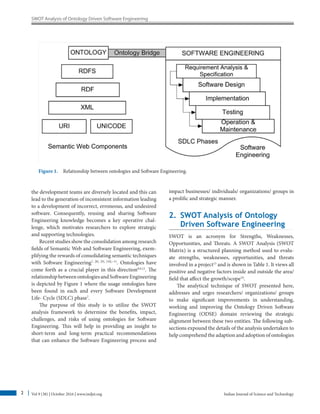 SWOT Analysis of Ontology Driven Software Engineering
Indian Journal of Science and Technology
Vol 9 (38) | October 2016 | www.indjst.org
2
the development teams are diversely located and this can
lead to the generation of inconsistent information leading
to a development of incorrect, erroneous, and undesired
software. Consequently, reusing and sharing Software
Engineering knowledge becomes a key operative chal-
lenge, which motivates researchers to explore strategic
and supporting technologies.
Recent studies show the consolidation among research
fields of Semantic Web and Software Engineering, exem-
plifying the rewards of consolidating semantic techniques
with Software Engineering7, [8], [9], [10],–11
. Ontologies have
come forth as a crucial player in this direction8,9,12
. The
relationshipbetweenontologiesandSoftwareEngineering
is depicted by Figure 1 where the usage ontologies have
been found in each and every Software Development
Life- Cycle (SDLC) phase7
.
The purpose of this study is to utilize the SWOT
analysis framework to determine the benefits, impact,
challenges, and risks of using ontologies for Software
Engineering. This will help in providing an insight to
short-term and long-term practical recommendations
that can enhance the Software Engineering process and
impact businesses/ individuals/ organizations/ groups in
a prolific and strategic manner.
2. 
SWOT Analysis of Ontology
Driven Software Engineering
SWOT is an acronym for Strengths, Weaknesses,
Opportunities, and Threats. A SWOT Analysis (SWOT
Matrix) is a structured planning method used to evalu-
ate strengths, weaknesses, opportunities, and threats
involved in a project13
and is shown in Table 1. It views all
positive and negative factors inside and outside the area/
field that affect the growth/scope14
.
The analytical technique of SWOT presented here,
addresses and urges researchers/ organizations/ groups
to make significant improvements in understanding,
working and improving the Ontology Driven Software
Engineering (ODSE) domain reviewing the strategic
alignment between these two entities. The following sub-
sections expound the details of the analysis undertaken to
help comprehend the adaption and adoption of ontologies
Figure 1. Relationship between ontologies and Software Engineering.
 