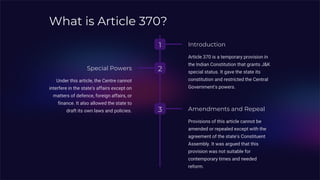 What is Article 370?
1 Introduction
Article 370 is a temporary provision in
the Indian Constitution that grants J&K
special status. It gave the state its
constitution and restricted the Central
Government's powers.
2
Special Powers
Under this article, the Centre cannot
interfere in the state's affairs except on
matters of defence, foreign affairs, or
finance. It also allowed the state to
draft its own laws and policies. 3 Amendments and Repeal
Provisions of this article cannot be
amended or repealed except with the
agreement of the state's Constituent
Assembly. It was argued that this
provision was not suitable for
contemporary times and needed
reform.
 