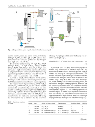 electron acceptor, donor, and carbon source, respectively.
3.016 g/L K2HPO4 and 0.364 g/L KH2PO4 (20 mM phos-
phate buffer) were added to the synthetic feed after the adjust-
ment of pH to 7.7 with 1 N HCl.
The synthetic feed containing 750 mg/L Na2S.9H2O,
100 mg/L NaNO3, 150 mg/L NaHCO3, 110 mg/L NH4Cl,
10 mg/L MgCl2.6H2O, 10 mg/L CaCl2.2H2O, 3 mg/L yeast
extract, and 5 mg/L ascorbic acid was prepared daily and kept
in refrigerator, while it is continuously fed to the reactor using
a peristaltic pump (Watson-Marlow 323). HRT was 9 h in
period 1 and it was decreased to 4 h in period 2.
In periods 3A and 3B, sulfide and carbon dioxide scrubbed
from biogas of a lab-scale chicken manure digester were fed to
the UFBR, as electron donor and carbon source, respectively.
The biogas of manure digester containing 0.7 ± 0.1 % H2S,
40 ± 3 % CO2, and 60 ± 4 % CH4 was first collected in a 25-L
aluminum foil gas collection bag. Afterwards, it was intro-
duced to a scrubbing column having 350 mL of 2.5 % NaOH
solution (Fig. 1a) for the absorption of the H2S and CO2 from
the biogas. A second scrubber filled with 2.5 % NaOH was
connected to the first one in series to capture the H2S leaving
the first scrubber and to determine the H2S absorption
efficiency. The hydrogen sulfide removal efficiency was cal-
culated according to Eq. 4.
H2S removal eff: %
ð Þ ¼ HS−
1st scrubber= HS−
1st scrubber þ HS−
2nd scrubber
ð Þ  100
ð4Þ
In period 3A (days 434–448), the scrubbing liquid was
prepared using tap water, but in period 3B (days 448–470),
the effluent of UFBR was used instead of tap water. The H2S
scrubber was made up off a Plexiglas column and has 4 cm
diameter and 50 cm height. The biogas was introduced to the
alkaline solution through a diffuser from the bottom of the
scrubber using a pump (KNF N86KT.18). Since the absorp-
tion of H2S and CO2 is an alkalinity-consuming process, the
pH decreased during the scrubbing operation. Therefore, pH
was continuously monitored in the first scrubber and the time
to stop pumping biogas was decided based on the pH of the
solution (pH 8–9 in period 3A). The scrubbing operation was
terminated at pH 9. In order to adjust the sulfide concentration
in the feed to 97 mg S/L, some additional sodium sulfide was
supplemented on the days in which there was not enough
biogas generation or the biogas does not contain enough H2S.
Fig. 1 a Biogas scrubbing system (stage 1). b Upflow fixed bed reactor (stage 2)
Table 1 Operational conditions
of UFBR Period Day Sulfide (e−
donor) source Carbon source Scrubbing liquid HRT (h)
1 365–398 Na2S.9H2O NaHCO3 – 9
2 398–434 Na2S.9H2O NaHCO3 – 4
3A 434–448 HS−
scrubbed from biogas HCO3
−
from biogas Tap water 4
3B 448–470 HS−
scrubbed from biogas HCO3
−
from biogas UFBR effluent 4
Appl Microbiol Biotechnol (2016) 100:939–948 941
 
