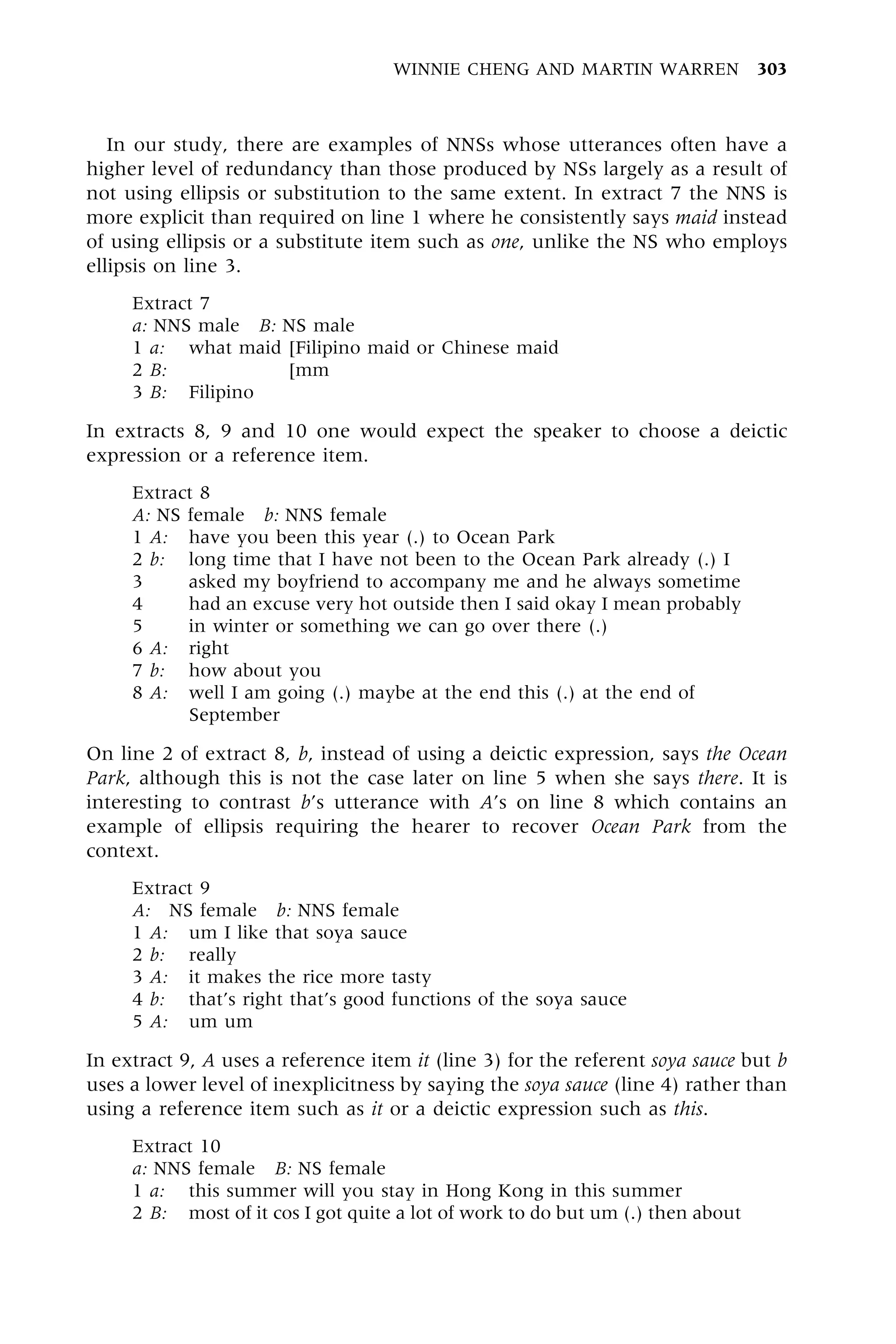 In our study, there are examples of NNSs whose utterances often have a
higher level of redundancy than those produced by NSs largely as a result of
not using ellipsis or substitution to the same extent. In extract 7 the NNS is
more explicit than required on line 1 where he consistently says maid instead
of using ellipsis or a substitute item such as one, unlike the NS who employs
ellipsis on line 3.
Extract 7
a: NNS male B: NS male
1 a: what maid [Filipino maid or Chinese maid
2 B: what maid [mm
3 B: Filipino
In extracts 8, 9 and 10 one would expect the speaker to choose a deictic
expression or a reference item.
Extract 8
A: NS female b: NNS female
1 A: have you been this year (.) to Ocean Park
2 b: long time that I have not been to the Ocean Park already (.) I
3 asked my boyfriend to accompany me and he always sometime
4 had an excuse very hot outside then I said okay I mean probably
5 in winter or something we can go over there (.)
6 A: right
7 b: how about you
8 A: well I am going (.) maybe at the end this (.) at the end of
September
On line 2 of extract 8, b, instead of using a deictic expression, says the Ocean
Park, although this is not the case later on line 5 when she says there. It is
interesting to contrast b's utterance with A's on line 8 which contains an
example of ellipsis requiring the hearer to recover Ocean Park from the
context.
Extract 9
A: NS female b: NNS female
1 A: um I like that soya sauce
2 b: really
3 A: it makes the rice more tasty
4 b: that's right that's good functions of the soya sauce
5 A: um um
In extract 9, A uses a reference item it (line 3) for the referent soya sauce but b
uses a lower level of inexplicitness by saying the soya sauce (line 4) rather than
using a reference item such as it or a deictic expression such as this.
Extract 10
a: NNS female B: NS female
1 a: this summer will you stay in Hong Kong in this summer
2 B: most of it cos I got quite a lot of work to do but um (.) then about
WINNIE CHENG AND MARTIN WARREN 303
 