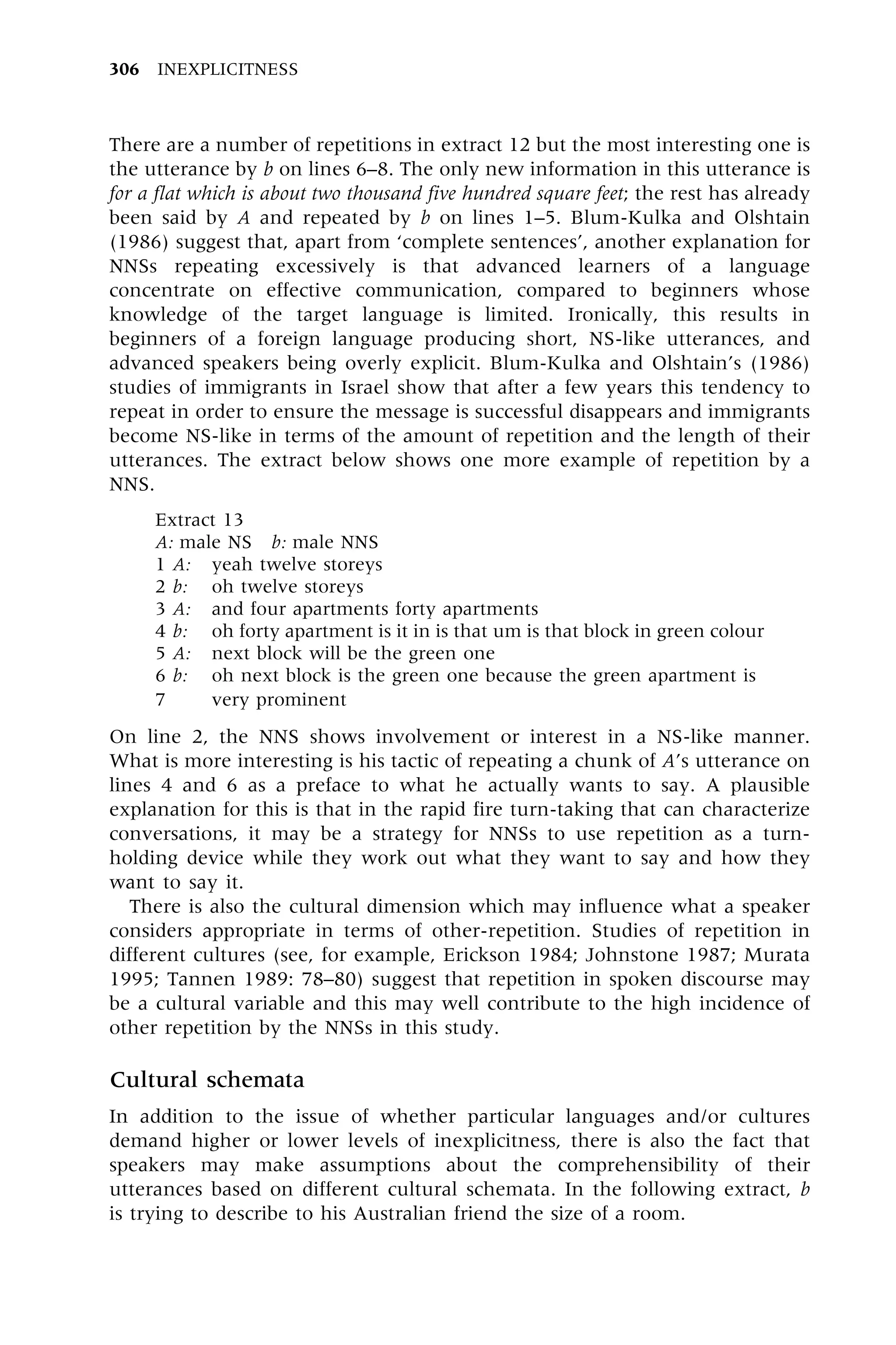 There are a number of repetitions in extract 12 but the most interesting one is
the utterance by b on lines 6±8. The only new information in this utterance is
for a flat which is about two thousand five hundred square feet; the rest has already
been said by A and repeated by b on lines 1±5. Blum-Kulka and Olshtain
(1986) suggest that, apart from `complete sentences', another explanation for
NNSs repeating excessively is that advanced learners of a language
concentrate on effective communication, compared to beginners whose
knowledge of the target language is limited. Ironically, this results in
beginners of a foreign language producing short, NS-like utterances, and
advanced speakers being overly explicit. Blum-Kulka and Olshtain's (1986)
studies of immigrants in Israel show that after a few years this tendency to
repeat in order to ensure the message is successful disappears and immigrants
become NS-like in terms of the amount of repetition and the length of their
utterances. The extract below shows one more example of repetition by a
NNS.
Extract 13
A: male NS b: male NNS
1 A: yeah twelve storeys
2 b: oh twelve storeys
3 A: and four apartments forty apartments
4 b: oh forty apartment is it in is that um is that block in green colour
5 A: next block will be the green one
6 b: oh next block is the green one because the green apartment is
7 very prominent
On line 2, the NNS shows involvement or interest in a NS-like manner.
What is more interesting is his tactic of repeating a chunk of A's utterance on
lines 4 and 6 as a preface to what he actually wants to say. A plausible
explanation for this is that in the rapid fire turn-taking that can characterize
conversations, it may be a strategy for NNSs to use repetition as a turn-
holding device while they work out what they want to say and how they
want to say it.
There is also the cultural dimension which may influence what a speaker
considers appropriate in terms of other-repetition. Studies of repetition in
different cultures (see, for example, Erickson 1984; Johnstone 1987; Murata
1995; Tannen 1989: 78±80) suggest that repetition in spoken discourse may
be a cultural variable and this may well contribute to the high incidence of
other repetition by the NNSs in this study.
Cultural schemata
In addition to the issue of whether particular languages and/or cultures
demand higher or lower levels of inexplicitness, there is also the fact that
speakers may make assumptions about the comprehensibility of their
utterances based on different cultural schemata. In the following extract, b
is trying to describe to his Australian friend the size of a room.
306 INEXPLICITNESS
 