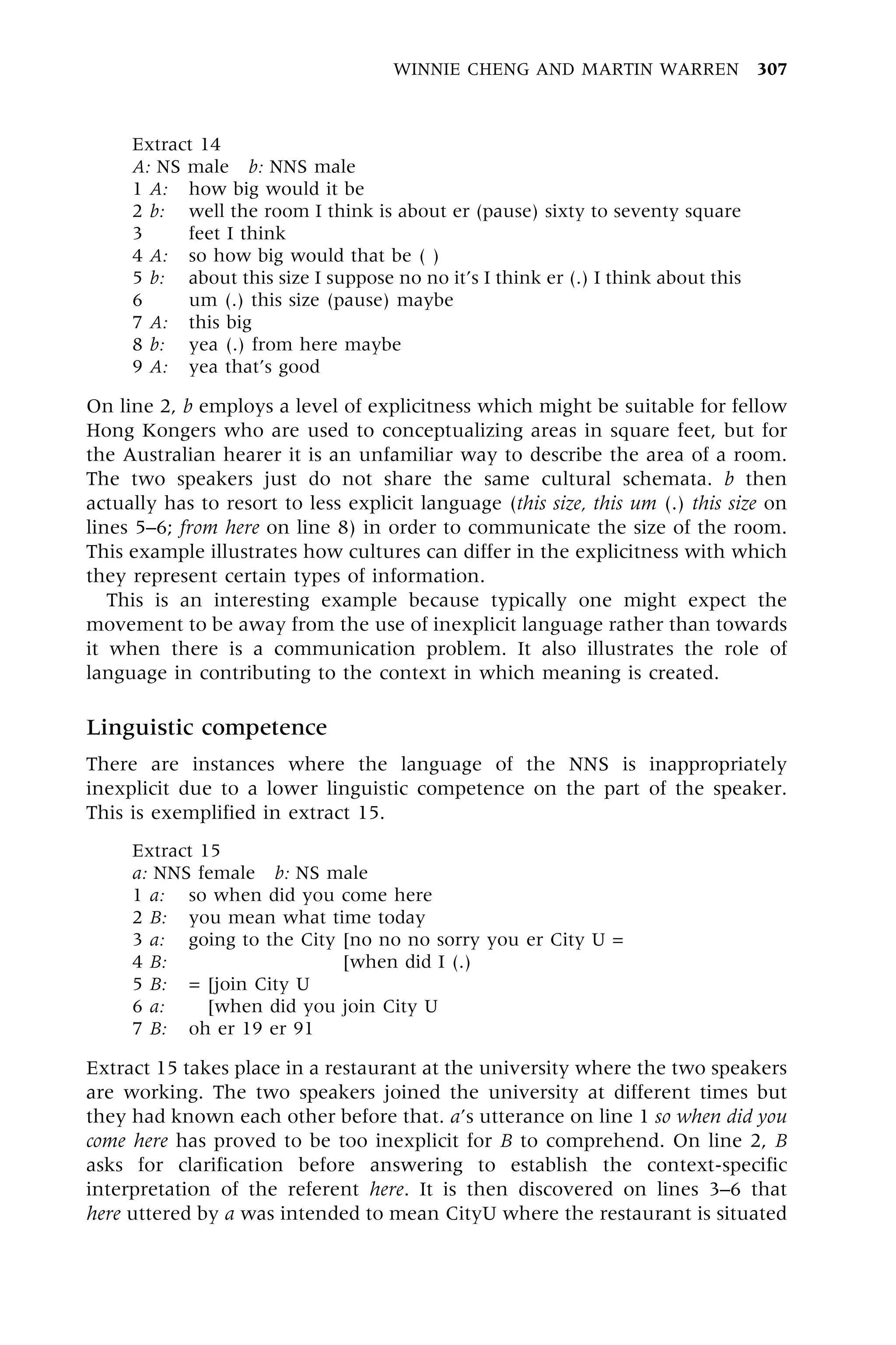 Extract 14
A: NS male b: NNS male
1 A: how big would it be
2 b: well the room I think is about er (pause) sixty to seventy square
3 feet I think
4 A: so how big would that be ( )
5 b: about this size I suppose no no it's I think er (.) I think about this
6 um (.) this size (pause) maybe
7 A: this big
8 b: yea (.) from here maybe
9 A: yea that's good
On line 2, b employs a level of explicitness which might be suitable for fellow
Hong Kongers who are used to conceptualizing areas in square feet, but for
the Australian hearer it is an unfamiliar way to describe the area of a room.
The two speakers just do not share the same cultural schemata. b then
actually has to resort to less explicit language (this size, this um (.) this size on
lines 5±6; from here on line 8) in order to communicate the size of the room.
This example illustrates how cultures can differ in the explicitness with which
they represent certain types of information.
This is an interesting example because typically one might expect the
movement to be away from the use of inexplicit language rather than towards
it when there is a communication problem. It also illustrates the role of
language in contributing to the context in which meaning is created.
Linguistic competence
There are instances where the language of the NNS is inappropriately
inexplicit due to a lower linguistic competence on the part of the speaker.
This is exemplified in extract 15.
Extract 15
a: NNS female b: NS male
1 a: so when did you come here
2 B: you mean what time today
3 a: going to the City [no no no sorry you er City U =
4 B: going to the City [when did I (.)
5 B: = [join City U
6 a: = [when did you join City U
7 B: oh er 19 er 91
Extract 15 takes place in a restaurant at the university where the two speakers
are working. The two speakers joined the university at different times but
they had known each other before that. a's utterance on line 1 so when did you
come here has proved to be too inexplicit for B to comprehend. On line 2, B
asks for clarification before answering to establish the context-specific
interpretation of the referent here. It is then discovered on lines 3±6 that
here uttered by a was intended to mean CityU where the restaurant is situated
WINNIE CHENG AND MARTIN WARREN 307
 