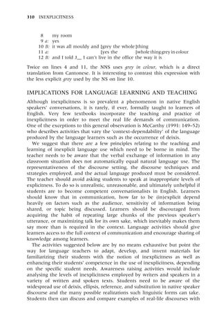 8 my room
9 a: yes
10 B: it was all mouldy and [grey the whole[thing
11 a: it was all mouldy and [yes the [whole thing grey in colour
12 B: and I told J__ I can't live in the office the way it is
Twice on lines 4 and 11, the NNS uses grey in colour, which is a direct
translation from Cantonese. It is interesting to contrast this expression with
the less explicit grey used by the NS on line 10.
IMPLICATIONS FOR LANGUAGE LEARNING AND TEACHING
Although inexplicitness is so prevalent a phenomenon in native English
speakers' conversations, it is rarely, if ever, formally taught to learners of
English. Very few textbooks incorporate the teaching and practice of
inexplicitness in order to meet the real life demands of communication.
One of the exceptions to this general observation is McCarthy (1991: 149±52)
who describes activities that vary the `context-dependability' of the language
produced by the language learners such as the occurrence of deixis.
We suggest that there are a few principles relating to the teaching and
learning of inexplicit language use which need to be borne in mind. The
teacher needs to be aware that the verbal exchange of information in any
classroom situation does not automatically equal natural language use. The
representativeness of the discourse setting, the discourse techniques and
strategies employed, and the actual language produced must be considered.
The teacher should avoid asking students to speak at inappropriate levels of
explicitness. To do so is unrealistic, unreasonable, and ultimately unhelpful if
students are to become competent conversationalists in English. Learners
should know that in communication, how far to be (in)explicit depend
heavily on factors such as the audience, sensitivity of information being
shared, or topic being discussed. Learners should be discouraged from
acquiring the habit of repeating large chunks of the previous speaker's
utterance, or maximizing talk for its own sake, which inevitably makes them
say more than is required in the context. Language activities should give
learners access to the full context of communication and encourage sharing of
knowledge among learners.
The activities suggested below are by no means exhaustive but point the
way for language teachers to adapt, develop, and invent materials for
familiarizing their students with the notion of inexplicitness as well as
enhancing their students' competence in the use of inexplicitness, depending
on the specific student needs. Awareness raising activities would include
analysing the levels of inexplicitness employed by writers and speakers in a
variety of written and spoken texts. Students need to be aware of the
widespread use of deixis, ellipsis, reference, and substitution in native speaker
discourse and the many possible realizations such linguistic forms can take.
Students then can discuss and compare examples of real-life discourses with
310 INEXPLICITNESS
 