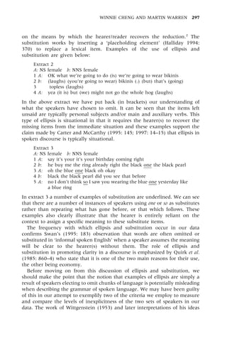 on the means by which the hearer/reader recovers the reduction.2
The
substitution works by inserting a `placeholding element' (Halliday 1994:
370) to replace a lexical item. Examples of the use of ellipsis and
substitution are given below:
Extract 2
A: NS female b: NNS female
1 A: OK what we're going to do (is) we're going to wear bikinis
2 b: (laughs) (you're going to wear) bikinis (.) (but) that's (going)
3 topless (laughs)
4 A: yea (it is) but (we) might not go the whole hog (laughs)
In the above extract we have put back (in brackets) our understanding of
what the speakers have chosen to omit. It can be seen that the items left
unsaid are typically personal subjects and/or main and auxiliary verbs. This
type of ellipsis is situational in that it requires the hearer(s) to recover the
missing items from the immediate situation and these examples support the
claim made by Carter and McCarthy (1995: 145; 1997: 14±15) that ellipsis in
spoken discourse is typically situational.
Extract 3
A: NS female b: NNS female
1 A: say it's your it's your birthday coming right
2 b: he buy me the ring already right the black one the black pearl
3 A: oh the blue one black oh okay
4 b: black the black pearl did you see that before
5 A: no I don't think so I saw you wearing the blue one yesterday like
a blue ring
In extract 3 a number of examples of substitution are underlined. We can see
that there are a number of instances of speakers using one or so as substitutes
rather than repeating what has gone before, or that which follows. These
examples also clearly illustrate that the hearer is entirely reliant on the
context to assign a specific meaning to these substitute items.
The frequency with which ellipsis and substitution occur in our data
confirms Swan's (1995: 183) observation that words are often omitted or
substituted in `informal spoken English' when a speaker assumes the meaning
will be clear to the hearer(s) without them. The role of ellipsis and
substitution in promoting clarity in a discourse is emphasized by Quirk et al.
(1985: 860±4) who state that it is one of the two main reasons for their use,
the other being economy.
Before moving on from this discussion of ellipsis and substitution, we
should make the point that the notion that examples of ellipsis are simply a
result of speakers electing to omit chunks of language is potentially misleading
when describing the grammar of spoken language. We may have been guilty
of this in our attempt to exemplify two of the criteria we employ to measure
and compare the levels of inexplicitness of the two sets of speakers in our
data. The work of Wittgenstein (1953) and later interpretations of his ideas
WINNIE CHENG AND MARTIN WARREN 297
 