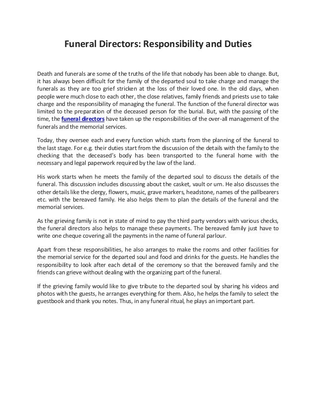 Funeral Directors Responsibility and Duties