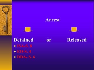 Arrest 
Detained or Released 
¨ISA-S. 8 
¨EO-S. 4 
¨DDA- S. 6 
 