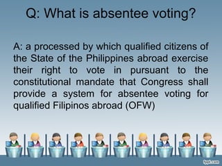 Q: What is absentee voting?
A: a processed by which qualified citizens of
the State of the Philippines abroad exercise
their right to vote in pursuant to the
constitutional mandate that Congress shall
provide a system for absentee voting for
qualified Filipinos abroad (OFW)
 