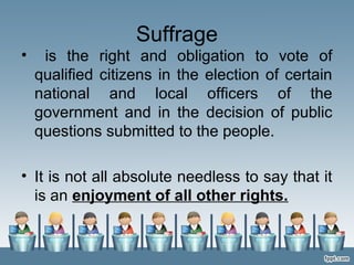 Suffrage
• is the right and obligation to vote of
qualified citizens in the election of certain
national and local officers of the
government and in the decision of public
questions submitted to the people.
• It is not all absolute needless to say that it
is an enjoyment of all other rights.
 