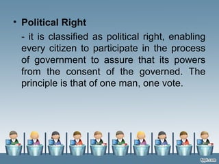 • Political Right
- it is classified as political right, enabling
every citizen to participate in the process
of government to assure that its powers
from the consent of the governed. The
principle is that of one man, one vote.
 