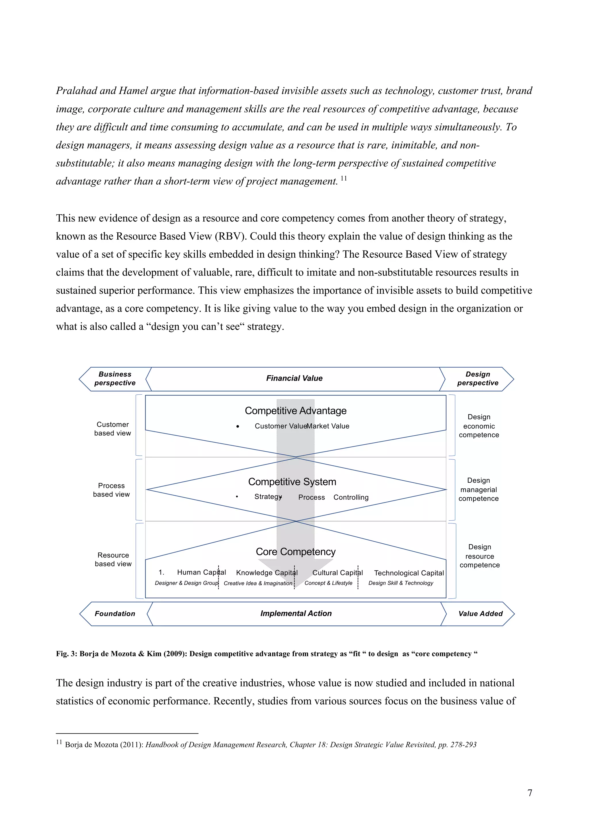 7
Pralahad and Hamel argue that information-based invisible assets such as technology, customer trust, brand
image, corporate culture and management skills are the real resources of competitive advantage, because
they are difficult and time consuming to accumulate, and can be used in multiple ways simultaneously. To
design managers, it means assessing design value as a resource that is rare, inimitable, and non-
substitutable; it also means managing design with the long-term perspective of sustained competitive
advantage rather than a short-term view of project management. 11
This new evidence of design as a resource and core competency comes from another theory of strategy,
known as the Resource Based View (RBV). Could this theory explain the value of design thinking as the
value of a set of specific key skills embedded in design thinking? The Resource Based View of strategy
claims that the development of valuable, rare, difficult to imitate and non-substitutable resources results in
sustained superior performance. This view emphasizes the importance of invisible assets to build competitive
advantage, as a core competency. It is like giving value to the way you embed design in the organization or
what is also called a “design you can’t see“ strategy.
Fig. 3: Borja de Mozota & Kim (2009): Design competitive advantage from strategy as “fit “ to design as “core competency “
The design industry is part of the creative industries, whose value is now studied and included in national
statistics of economic performance. Recently, studies from various sources focus on the business value of
11 Borja de Mozota (2011): Handbook of Design Management Research, Chapter 18: Design Strategic Value Revisited, pp. 278-293
Core Competency
Competitive Advantage
Competitive System
Resource
based view
Process
based view
Customer
based view
• Customer ValueMarket Value
1. Human Capital Technological CapitalKnowledge Capital
• Strategy• Process Controlling
Design
resource
competence
Design
managerial
competence
Design
economic
competence
Cultural Capital
Designer & Design Group Design Skill & TechnologyCreative Idea & Imagination Concept & Lifestyle
Business
perspective
Design
perspective
Foundation Value AddedImplemental Action
Financial Value
 