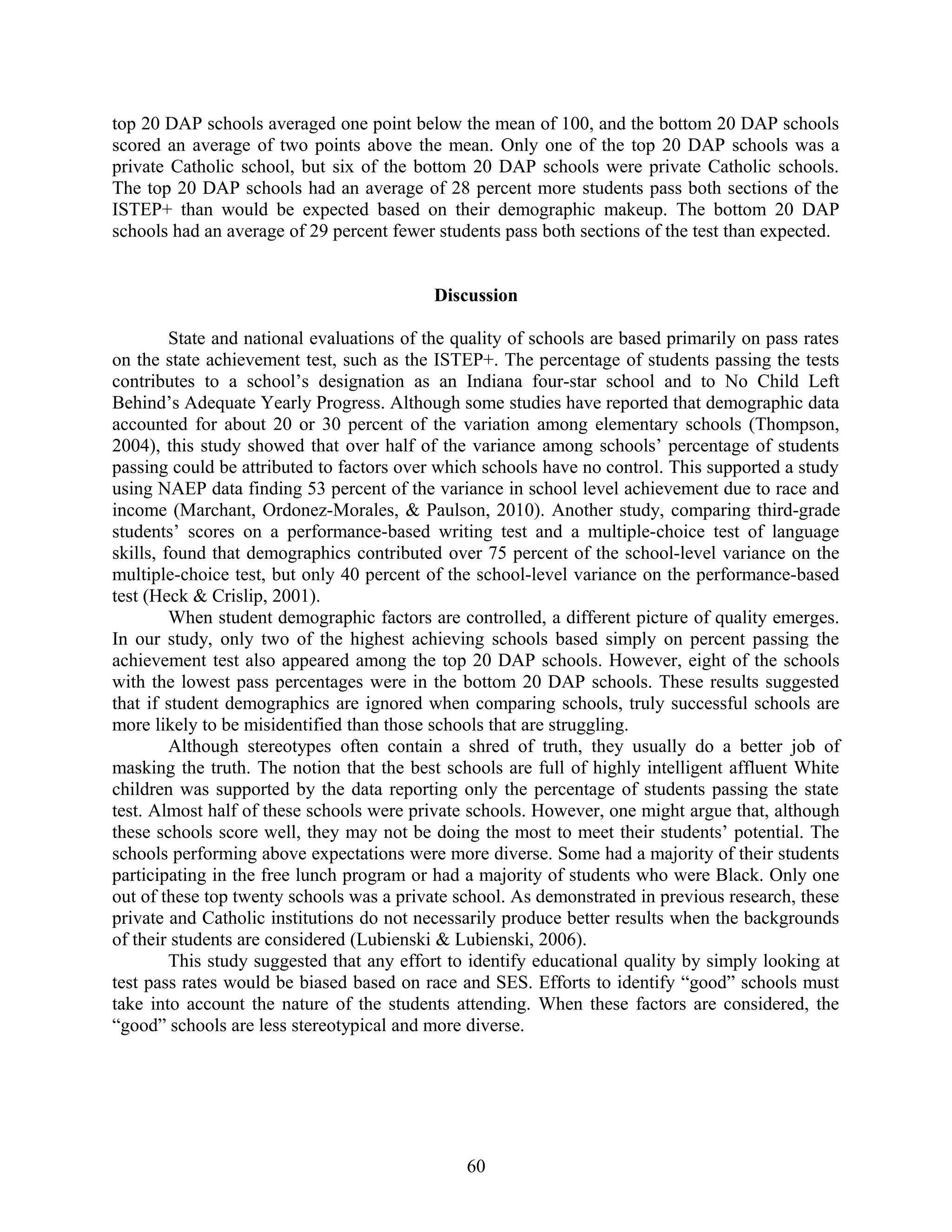 top 20 DAP schools averaged one point below the mean of 100, and the bottom 20 DAP schools
scored an average of two points above the mean. Only one of the top 20 DAP schools was a
private Catholic school, but six of the bottom 20 DAP schools were private Catholic schools.
The top 20 DAP schools had an average of 28 percent more students pass both sections of the
ISTEP+ than would be expected based on their demographic makeup. The bottom 20 DAP
schools had an average of 29 percent fewer students pass both sections of the test than expected.
Discussion
State and national evaluations of the quality of schools are based primarily on pass rates
on the state achievement test, such as the ISTEP+. The percentage of students passing the tests
contributes to a school’s designation as an Indiana four-star school and to No Child Left
Behind’s Adequate Yearly Progress. Although some studies have reported that demographic data
accounted for about 20 or 30 percent of the variation among elementary schools (Thompson,
2004), this study showed that over half of the variance among schools’ percentage of students
passing could be attributed to factors over which schools have no control. This supported a study
using NAEP data finding 53 percent of the variance in school level achievement due to race and
income (Marchant, Ordonez-Morales, & Paulson, 2010). Another study, comparing third-grade
students’ scores on a performance-based writing test and a multiple-choice test of language
skills, found that demographics contributed over 75 percent of the school-level variance on the
multiple-choice test, but only 40 percent of the school-level variance on the performance-based
test (Heck & Crislip, 2001).
When student demographic factors are controlled, a different picture of quality emerges.
In our study, only two of the highest achieving schools based simply on percent passing the
achievement test also appeared among the top 20 DAP schools. However, eight of the schools
with the lowest pass percentages were in the bottom 20 DAP schools. These results suggested
that if student demographics are ignored when comparing schools, truly successful schools are
more likely to be misidentified than those schools that are struggling.
Although stereotypes often contain a shred of truth, they usually do a better job of
masking the truth. The notion that the best schools are full of highly intelligent affluent White
children was supported by the data reporting only the percentage of students passing the state
test. Almost half of these schools were private schools. However, one might argue that, although
these schools score well, they may not be doing the most to meet their students’ potential. The
schools performing above expectations were more diverse. Some had a majority of their students
participating in the free lunch program or had a majority of students who were Black. Only one
out of these top twenty schools was a private school. As demonstrated in previous research, these
private and Catholic institutions do not necessarily produce better results when the backgrounds
of their students are considered (Lubienski & Lubienski, 2006).
This study suggested that any effort to identify educational quality by simply looking at
test pass rates would be biased based on race and SES. Efforts to identify “good” schools must
take into account the nature of the students attending. When these factors are considered, the
“good” schools are less stereotypical and more diverse.
60
 