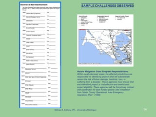 14
Hazard Mitigation Grant Program Responsibilities:
Within locally declared areas, the affected jurisdictions are
responsible for identifying projects that will substantially
reduce the risk of future damage, hardship, loss, or
suffering from a disaster. These agencies must ensure that
each identified project is cost effective and meets basic
project eligibility. These agencies will be the primary contact
and coordinator for each funded project until completion. –
from “Marin County Operational Area Emergency
Operations Plan” (1999)
SAMPLE CHALLENGES OBSERVED
Michael A.Anthony, PE – University of Michigan
 