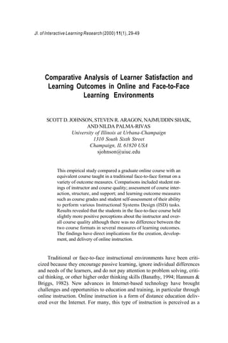 Jl. of Interactive Learning Research (2000) 11(1), 29-49
Comparative Analysis of Learner Satisfaction and
Learning Outcomes in Online and Face-to-Face
Learning Environments
SCOTT D. JOHNSON, STEVEN R. ARAGON, NAJMUDDIN SHAIK,
AND NILDA PALMA-RIVAS
University of Illinois at Urbana-Champaign
1310 South Sixth Street
Champaign, IL 61820 USA
sjohnson@uiuc.edu
This empirical study compared a graduate online course with an
equivalent course taught in a traditional face-to-face format on a
variety of outcome measures. Comparisons included student rat-
ings of instructor and course quality; assessment of course inter-
action, structure, and support; and learning outcome measures
such as course grades and student self-assessment of their ability
to perform various Instructional Systems Design (ISD) tasks.
Results revealed that the students in the face-to-face course held
slightly more positive perceptions about the instructor and over-
all course quality although there was no difference between the
two course formats in several measures of learning outcomes.
The findings have direct implications for the creation, develop-
ment, and delivery of online instruction.
Traditional or face-to-face instructional environments have been criti-
cized because they encourage passive learning, ignore individual differences
and needs of the learners, and do not pay attention to problem solving, criti-
cal thinking, or other higher order thinking skills (Banathy, 1994; Hannum &
Briggs, 1982). New advances in Internet-based technology have brought
challenges and opportunities to education and training, in particular through
online instruction. Online instruction is a form of distance education deliv-
ered over the Internet. For many, this type of instruction is perceived as a
 