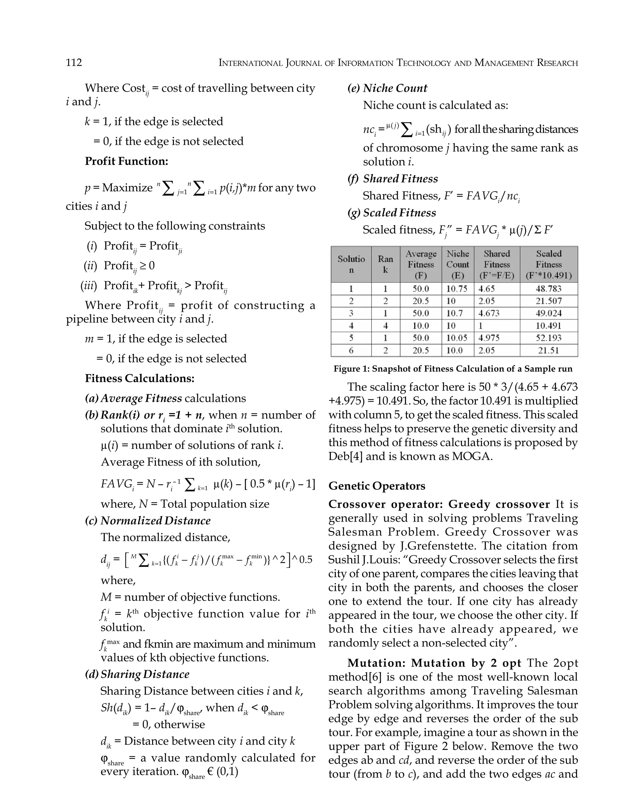 112 INTERNATIONAL JOURNAL OF INFORMATION TECHNOLOGY AND MANAGEMENT RESEARCH Where Costij = cost of travelling between city i and j. k = 1, if the edge is selected = 0, if the edge is not selected Profit Function: p = Maximize 1 1 nn j i= =∑ ∑ p(i,j)*m for any two cities i and j Subject to the following constraints (i) Profitij = Profitji (ii) Profitij ≥ 0 (iii) Profitik + Profitkj > Profitij Where Profitij = profit of constructing a pipeline between city i and j. m = 1, if the edge is selected = 0, if the edge is not selected Fitness Calculations: (a)Average Fitness calculations (b) Rank(i) or ri =1 + n, when n = number of solutions that dominate ith solution. µ(i) = number of solutions of rank i. Average Fitness of ith solution, FAVGi = N – ri – 1 1k=∑ µ(k) – [ 0.5 * µ(ri ) – 1] where, N = Total population size (c) Normalized Distance The normalized distance, dij = max min 1 {( )/( )} ^ 2 ^ 0.5M i j k k k k kf f f f=  − − ∑ where, M = number of objective functions. fk i = kth objective function value for ith solution. fk max and fkmin are maximum and minimum values of kth objective functions. (d)Sharing Distance Sharing Distance between cities i and k, Sh(dik ) = 1– dik /ϕshare , when dik < ϕshare = 0, otherwise dik = Distance between city i and city k ϕshare = a value randomly calculated for every iteration. ϕshare € (0,1) (e) Niche Count Niche count is calculated as: nci = ( ) 1(sh )j i ij µ =∑ forallthesharingdistances of chromosome j having the same rank as solution i. (f) Shared Fitness Shared Fitness, F’ = FAVGi /nci (g) Scaled Fitness Scaled fitness, Fj ” = FAVGj * µ(j)/Σ F’ Figure 1: Snapshot of Fitness Calculation of a Sample run The scaling factor here is 50 * 3/(4.65 + 4.673 +4.975) = 10.491. So, the factor 10.491 is multiplied with column 5, to get the scaled fitness. This scaled fitness helps to preserve the genetic diversity and this method of fitness calculations is proposed by Deb[4] and is known as MOGA. Genetic Operators Crossover operator: Greedy crossover It is generally used in solving problems Traveling Salesman Problem. Greedy Crossover was designed by J.Grefenstette. The citation from Sushil J.Louis: “Greedy Crossover selects the first city of one parent, compares the cities leaving that city in both the parents, and chooses the closer one to extend the tour. If one city has already appeared in the tour, we choose the other city. If both the cities have already appeared, we randomly select a non-selected city”. Mutation: Mutation by 2 opt The 2opt method[6] is one of the most well-known local search algorithms among Traveling Salesman Problem solving algorithms. It improves the tour edge by edge and reverses the order of the sub tour. For example, imagine a tour as shown in the upper part of Figure 2 below. Remove the two edges ab and cd, and reverse the order of the sub tour (from b to c), and add the two edges ac and 