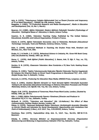 Aziz, A. (1975), “Televizyonun Yetişkin Eğitimindeki Yeri ve Önemi [Funcion and Imporancy
of TV on Adult Education]”, TODAIE, No 148, Ankara, Turkey.
Baggaley, J. (1982), “TV Production Research and Media Development”, Media in Education
and Development, (Vol, 15, No: 1, March).

Basaran, I.E. (1980), Eğitim Psikolojisi: Modern Eğitimin Psikolojik Temelleri [Pyshcology of
Education: Pyshlogical Bases of Education, 6. Basım, Ankara Turkey.

Cassirer, H. R. (1960), Television Teaching Today, Published by The United Nations
Educational, Scientific and Cultural Organisation, Printed in France.

Cilenti, K. (1979), Eğitim Teknolojisi: Kavramlar, Araç ve Yöntemler, Merkezler [Educational
Technology: Concepts, Tools and Methods, Centers], Ankara, Turkey.

Dale, E. (1946), Audivisual Methods in Teaching, the Dryden Press Holt, Rinehart and
Winston, Inc., New York, USA.

Drake, R. I. & Smith, J. P. (1973), Behavioral Science in Industry, Mc. Graw-Hill Book Comp.
(UK) Ltd.(Ouated by. Ozkalp, 1981: pp. 20-21)

Geray, C. (1978), Halk Eğitimi [Public Education], 2. Basım, Ank. Ü. Eğt. F. Yay.; no. 73),
Ankara, Turkey.

Gordon, G. N. (1970), Classroom Television: New Fronteries a TV, New York: Hasting House
Publishers.

Güchan, N. (1981), “Egitim Televizyonunda Doğrudan Öğretici İzlenceler Üzerine Uygulamalı
Bir Çalışma [An Emprical Study on Direct Teach Programmes in Educational TV]”, A.Ü., İ.B.F.
Dergisi Kurgu, Sayı: 4, Eskisehir, Turkey.

Hancock, A. (1976), Producing For Education Mass Media, UNESCO Press, Longman, London.

Hızal, A. (1983), Uzaktan Öğretim Süreçleri ve Yazılı Gereçler-Eğitim Teknolojisi Açısından
Yaklaşım-[An Aproaches Educational technology in Distance Education Processes and Printed
Materials], Ankara, A.Ü. Eğt.Bil. Fak. Yay, No: 122, Ankara, Turkey.

Higgin, G.W. (1973), Symptoms of Tomorrow, Plene Press-Ward Locke, London, (Ouated by
Ozkalp, 1981, pp. 20-21).
Kilic. L. (1985) Eğitim Televizyonunda Yapımcı-Yönetmen [Director and Producer in
Educatinal TV], A. Ü. Yay., Eskisehir, Turkey
McQuall, D. (1970), “Television and Education” (Ed. J.D.Halloran) The Effect of Mass
Communication, Panther Modern Society, London, UK.
Oskay, U. (1978), Toplumsal Gelişmede Radyo Televizyon: Gerikalmışlık Açısından Olanaklar
ve Sınırlar [Radio and television for Social Development: Opportunities and Limitations frok
Point of Undeveloped], (2.Bas.), A.Ü. S.B.F. Yay., S.IX.XXVIII, Ankara, Turkey.

Ozankaya, Özer (1979), Toplumbilime Giriş, Ank. Ü., S.B.F. Yay., No:431, SBF-B.Y.Y.O.
Basımevi.

Ozkalp, E. (1981), Davranış Bilimleri ve Organizasyonlarda Davranış [Organization
Behaveroring and Behaving in Organizations], Eskisehir ITIA Yay, Eskisehir, Turkey.


                                                                                          63
 