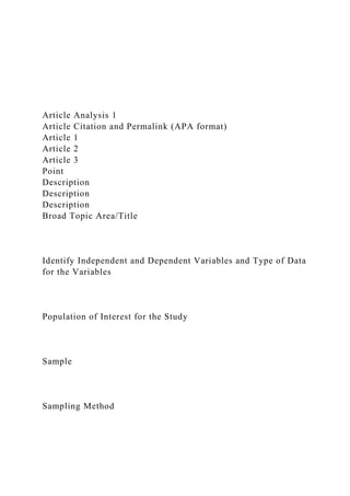 Article Analysis 1
Article Citation and Permalink (APA format)
Article 1
Article 2
Article 3
Point
Description
Description
Description
Broad Topic Area/Title
Identify Independent and Dependent Variables and Type of Data
for the Variables
Population of Interest for the Study
Sample
Sampling Method
 