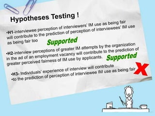 For interviewee: “In order to make a good impression at the interview (for job mention in IM and no IM ad), you may behave in particular ways. How fair would it be for you to do each of the things listed below?” (1= totally fair; 5=totally unfair)2.Machiavellianism:using the scale the scale’s items are worded positively and negatively(from +3= strongly agree to -3= strongly disagree) 3.Organizational IM:using two Ad “when writing this ad, how hard do you think the organization was trying to make good impression on potential candidate?”  (1= very hard, 5=not hard at all)