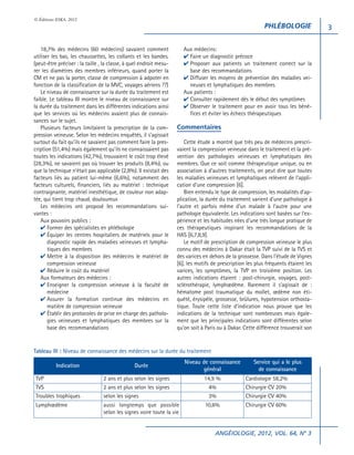 © Éditions ESKA, 2012

PHLÉBOLOGIE
18,7% des médecins (60 médecins) savaient comment
utiliser les bas, les chaussettes, les collants et les bandes.
(peut-être préciser : la taille , la classe, à quel endroit mesurer les diamètres des membres inférieurs, quand porter la
CM et ne pas la porter, classe de compression à adpoter en
fonction de la classification de la MVC, voyages aériens ??)
Le niveau de connaissance sur la durée du traitement est
faible. Le tableau III montre le niveau de connaissance sur
la durée du traitement dans les différentes indications ainsi
que les services où les médecins avaient plus de connaissances sur le sujet.
Plusieurs facteurs limitaient la prescription de la compression veineuse. Selon les médecins enquêtés, il s’agissait
surtout du fait qu’ils ne savaient pas comment faire la prescription (51,4%) mais également qu’ils ne connaissaient pas
toutes les indications (42,7%), trouvaient le coût trop élevé
(28,3%), ne savaient pas où trouver les produits (8,4%), ou
que la technique n’était pas applicable (2,8%). Il existait des
facteurs liés au patient lui-même (6,6%), notamment des
facteurs culturels, financiers, liés au matériel : technique
contraignante, matériel inesthétique, de couleur non adaptée, qui tient trop chaud, douloureux
Les médecins ont proposé les recommandations suivantes :
Aux pouvoirs publics :
4 Former des spécialistes en phlébologie
4 Équiper les centres hospitaliers de matériels pour le
diagnostic rapide des maladies veineuses et lymphatiques des membres
4 Mettre à la disposition des médecins le matériel de
compression veineuse
4 Réduire le coût du matériel
Aux formateurs des médecins :
4 Enseigner la compression veineuse à la faculté de
médecine
4 Assurer la formation continue des médecins en
matière de compression veineuse
4 Établir des protocoles de prise en charge des pathologies veineuses et lymphatiques des membres sur la
base des recommandations

Aux médecins:
4 Faire un diagnostic précoce
4 Proposer aux patients un traitement correct sur la
base des recommandations
4 Diffuser les moyens de prévention des maladies veineuses et lymphatiques des membres
Aux patients :
4 Consulter rapidement dès le début des symptômes
4 Observer le traitement pour en avoir tous les bénéfices et éviter les échecs thérapeutiques

Commentaires
Cette étude a montré que très peu de médecins prescrivaient la compression veineuse dans le traitement et la prévention des pathologies veineuses et lymphatiques des
membres. Que ce soit comme thérapeutique unique, ou en
association à d’autres traitements, on peut dire que toutes
les maladies veineuses et lymphatiques relèvent de l’application d’une compression [6].
Bien entendu le type de compression, les modalités d’application, la durée du traitement varient d’une pathologie à
l’autre et parfois même d’un malade à l’autre pour une
pathologie équivalente. Les indications sont basées sur l’expérience et les habitudes nées d’une très longue pratique de
ces thérapeutiques inspirant les recommandations de la
HAS [6,7,8,9].
Le motif de prescription de compression veineuse le plus
connu des médecins à Dakar était la TVP suivi de la TVS et
des varices en dehors de la grossesse. Dans l’étude de Vignes
[6], les motifs de prescription les plus fréquents étaient les
varices, les symptômes, la TVP en troisième position. Les
autres indications étaient : post-chirurgie, voyages, postsclérothérapie, lymphœdème. Rarement il s’agissait de :
hématome post traumatique du mollet, œdème non étiquété, érysipèle, grossesse, brûlures, hypotension orthostatique. Toute cette liste d’indication nous prouve que les
indications de la technique sont nombreuses mais également que les principales indications sont différentes selon
qu’on soit à Paris ou à Dakar. Cette différence trouverait son

Tableau III : Niveau de connaissance des médecins sur la durée du traitement
Indication

Durée

Niveau de connaissance
général

Service qui a le plus
de connaissance

TVP
TVS
Troubles trophiques

2 ans et plus selon les signes
2 ans et plus selon les signes
selon les signes

14,9 %
4%
3%

Cardiologie 58,2%
Chirurgie CV 20%
Chirurgie CV 40%

Lymphœdème

aussi longtemps que possible
selon les signes voire toute la vie

10,6%

Chirurgie CV 60%

ANGÉIOLOGIE, 2012, VOL. 64, N° 3

3

 