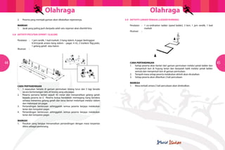 Olahraga Olahraga
44 45
5.8	 AKTIVITI PECUTAN (SPRINT / SLALOM)
	 Peralatan	 :	 1 jam randik, 1 kad markah, 3 tiang slalom, 4 pagar (ketinggian
		 0.5m)(jarak antara tiang slalom – pagar: 4 m), 2 markers/ flag poles,
			 1 gelang getah atau baton
	 Illustrasi	:
	 CARA PERTANDINGAN
	 1.	 5 sepasukan berada di garisan permulaan lorong lurus dan 5 lagi berada
		 secara bertentangan iaitu di lorong yang ada pagar.
	 2.	 Peserta pertama berlari sejauh 40 meter dan menyerahkan gelang getah
		 kepada peserta ke-2. Peserta kedua hendaklah memegang tiang bendera
		 semasa menerima gelang getah dan terus berlari melompat melalui slalom
		 dan melompat sisi pagar.
	 3.	 Pertandingan berterusan sehinggalah semua peserta berjaya melakukan
		 larian dan lompatan pagar.
	 4.	 Pertandingan berterusan sehinggalah semua peserta berjaya melakukan
		 larian dan lompatan pagar.
	MARKAH
	 1.	 Pasukan yang berjaya menamatkan pertandingan dengan masa terpantas
		 dikira sebagai pemenang.
	
  
	
  
	
  
	
  
5.9	 AKTIVITI LARIAN TANGGA (LADDER RUNNING)
	 Peralatan	 :	 1 co-ordination ladder (speed ladder), 2 kon, 1 jam randik, 1 kad
			markah
	 Illustrasi	:	
	 CARA PERTANDINGAN
	 1.	 Setiap peserta akan berlari dari garisan permulaan melalui petak ladder dan
		 menyentuh kon di hujung larian dan berpatah balik melalui petak ladder
		 semula dan menyentuh kon di garisan permulaan.
	 2.	 Tempoh masa setiap peserta melakukan aktiviti akan dicatatkan.
	 3.	 Setiap peserta akan diberikan 2 kali percubaan.
	MARKAH
	 1.	 Masa terbaik antara 2 kali percubaan akan direkodkan.
	 2.	 Peserta yang memijak garisan akan dibatalkan rejamannya.
	MARKAH
	 1.	 Jarak yang paling jauh daripada salah satu rejaman akan diambil kira.
 