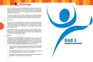 Olahraga
10 11
BAB 2PENGURUSAN KELAB SUKAN
Dasar ini juga menyumbang kepada penggalakan pertandingan yang sihat,
semangat muhibah, kesefahaman, toleransi dan meningkatkan nilai moral dan
fizikal yang memberikan satu landasan yang betul dalam mengintegrasikan
pelbagai kumpulan etnik kepada satu bangsa yang bersatu padu serta memupuk
semangat cinta akan negara.
Dasar 1Murid 1Sukan dapat memberikan peluang secara menyeluruh kepada
semua murid melibatkan diri dalam sukan secara lebih terurus dan terancang serta
mengimbangkan fokus atau penekanan dalam melahirkan insan secara holistik.
1.3	MATLAMAT
Dalam jangka masa yang panjang, dasar ini berhasrat untuk melahirkan modal
insan yang sihat dan cergas melalui penyertaan yang menyeluruh dalam kalangan
murid melalui kegiatan sukan sepanjang tahun. Pelaksanaan dasar ini akan
membantu bagi mengatasi masalah disiplin dan mengurangkan masalah obesiti
dalam kalangan murid.
Membangunkan modal insan melalui penyertaan yang menyeluruh dalam
kalangan murid melalui kegiatan sukan sepanjang tahun serta memupuk budaya
bersukan dalam kalangan murid sekolah agar menjadi ahli masyarakat yang
mengamalkan gaya hidup sihat dan cergas.
1.4	KONSEP
Dasar 1Murid 1Sukan ialah program pembangunan sukan di sekolah yang
mewajibkan setiap murid dari Tahap 2 di sekolah rendah hingga ke Tingkatan 6
di sekolah menengah mengikuti sekurang-kurangnya satu aktiviti sukan yang
dikendalikan secara terancang dan sistematik. Dasar 1Murid 1Sukan berteraskan
prinsip-prinsip asas perkembangan fizikal Murid. Justeru, Dasar 1Murid 1Sukan
diwujudkan untuk merealisasikan Falsafah Pendidikan Kebangsaan agar;
i.	 memberikanakseskepadasemuamuriduntukmendapatkanfaedahdaripada
	 penglibatan dalam sukan khususnya kepada murid yang kurang aktif atau
	 tidak aktif;
ii.	 membangunkan program sukan sekolah ke arah meningkatkan penyertaan
	 murid sekurang-kurangnya dalam satu jenis sukan di sekolah;
iii.	 memberikan peluang kepada semua murid yang berbakat dan berpotensi
	 dalam sukan untuk digilap ke tahap yang lebih tinggi;
 