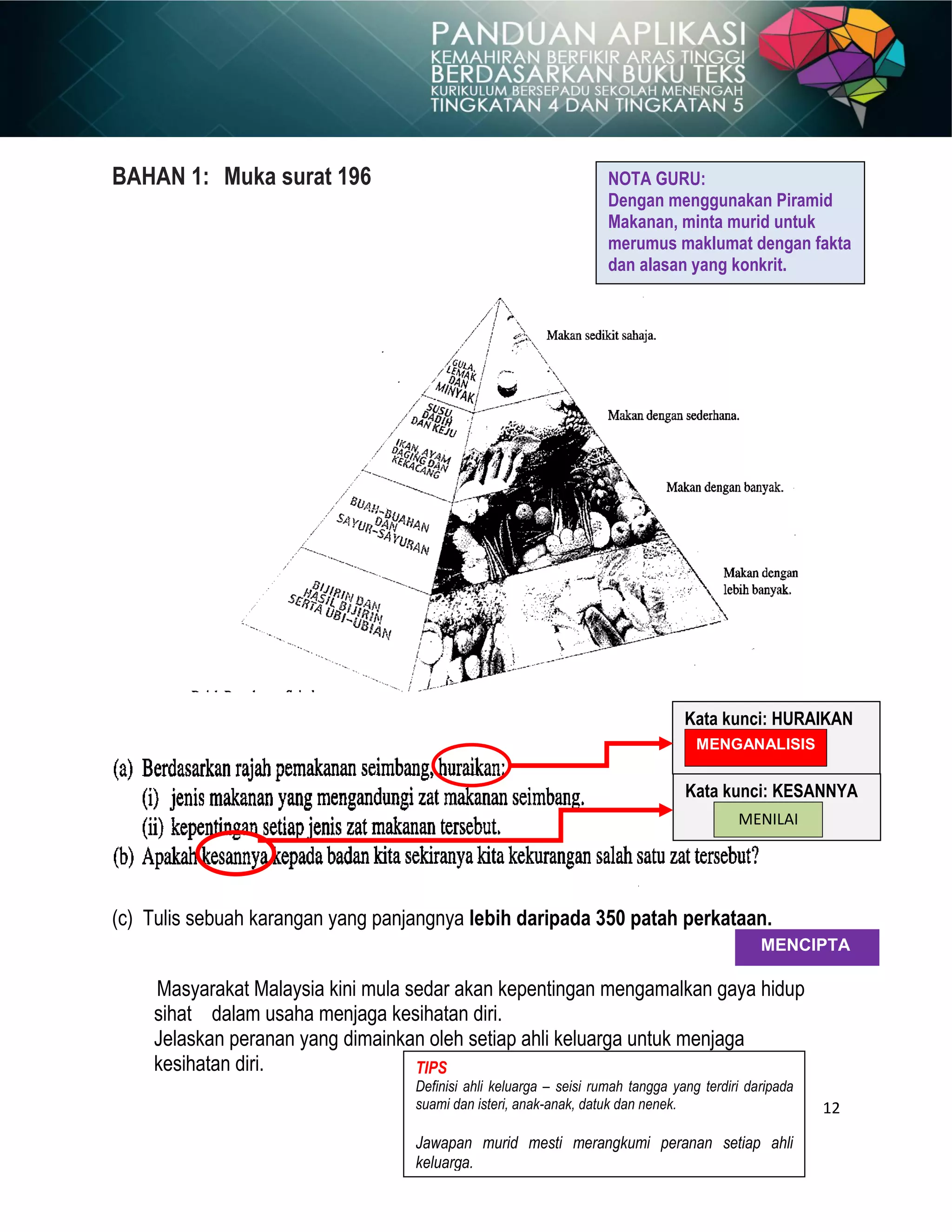 12
BAHAN 1: Muka surat 196
(c) Tulis sebuah karangan yang panjangnya lebih daripada 350 patah perkataan.
Masyarakat Malaysia kini mula sedar akan kepentingan mengamalkan gaya hidup
sihat dalam usaha menjaga kesihatan diri.
Jelaskan peranan yang dimainkan oleh setiap ahli keluarga untuk menjaga
kesihatan diri. TIPS
Definisi ahli keluarga – seisi rumah tangga yang terdiri daripada
suami dan isteri, anak-anak, datuk dan nenek.
Jawapan murid mesti merangkumi peranan setiap ahli
keluarga.
Kata kunci: HURAIKAN
MENGANALISIS
Kata kunci: KESANNYA
MENILAI
NOTA GURU:
Dengan menggunakan Piramid
Makanan, minta murid untuk
merumus maklumat dengan fakta
dan alasan yang konkrit.
MENCIPTA
 