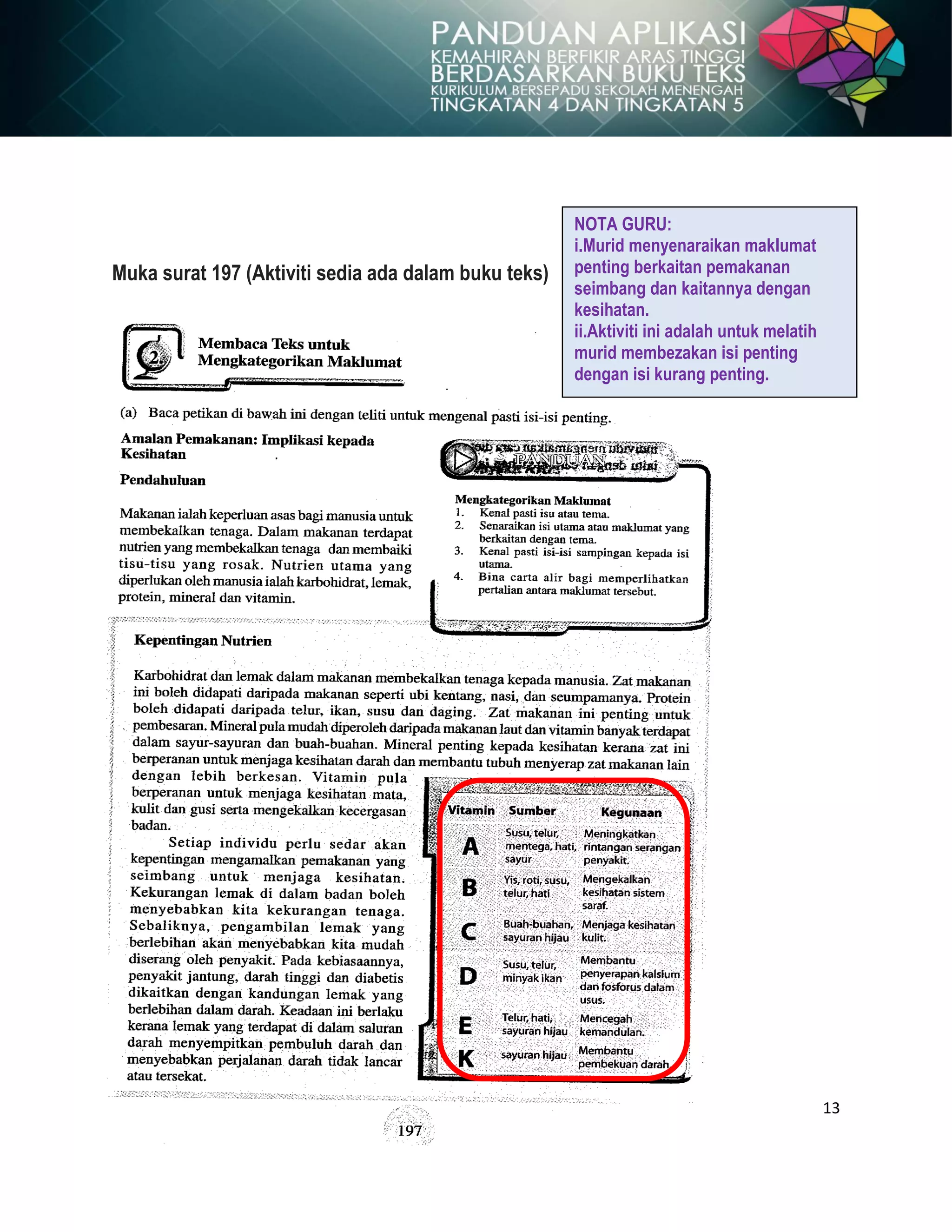 13
Muka surat 197 (Aktiviti sedia ada dalam buku teks)
NOTA GURU:
i.Murid menyenaraikan maklumat
penting berkaitan pemakanan
seimbang dan kaitannya dengan
kesihatan.
ii.Aktiviti ini adalah untuk melatih
murid membezakan isi penting
dengan isi kurang penting.
 