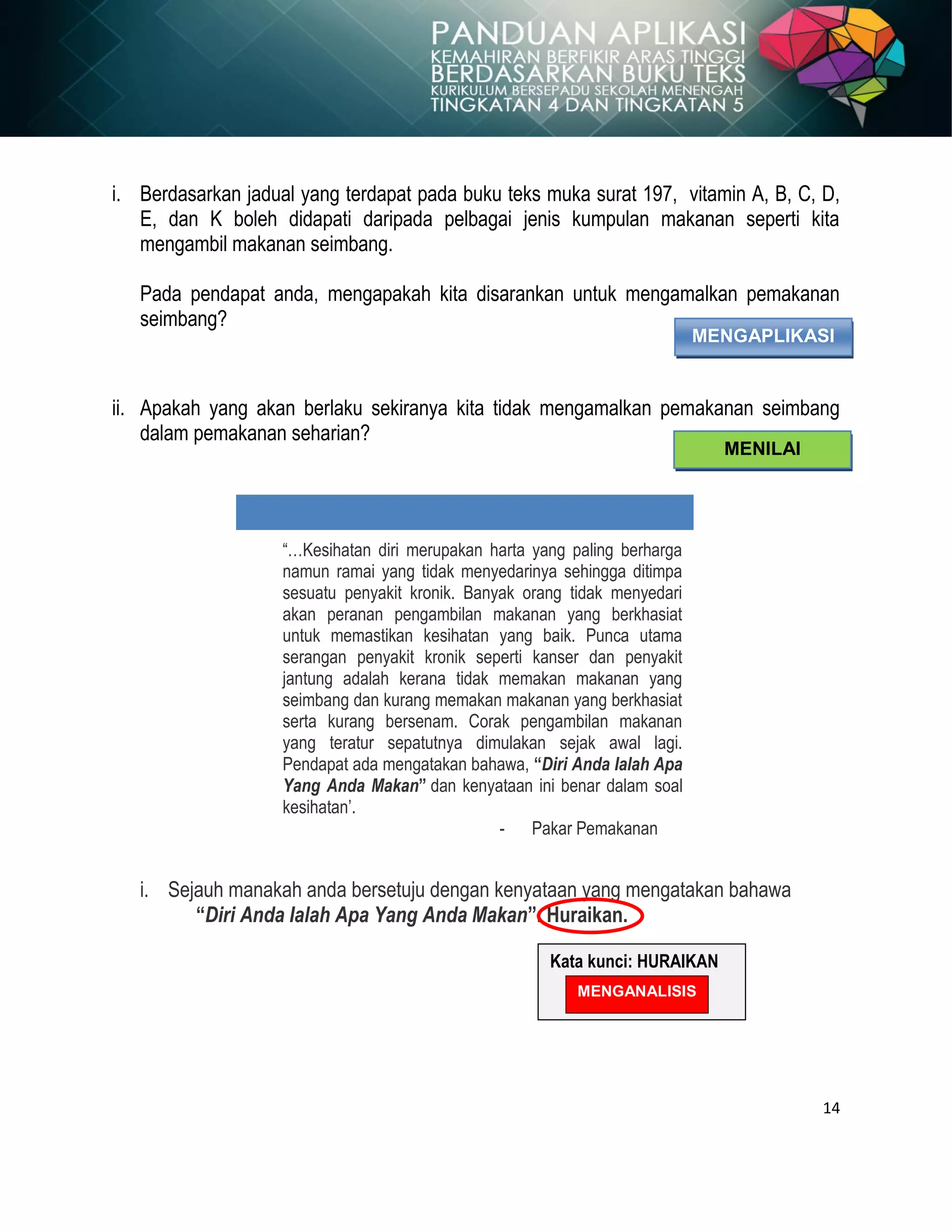 14
i. Berdasarkan jadual yang terdapat pada buku teks muka surat 197, vitamin A, B, C, D,
E, dan K boleh didapati daripada pelbagai jenis kumpulan makanan seperti kita
mengambil makanan seimbang.
Pada pendapat anda, mengapakah kita disarankan untuk mengamalkan pemakanan
seimbang?
ii. Apakah yang akan berlaku sekiranya kita tidak mengamalkan pemakanan seimbang
dalam pemakanan seharian?
i. Sejauh manakah anda bersetuju dengan kenyataan yang mengatakan bahawa
“Diri Anda Ialah Apa Yang Anda Makan”. Huraikan.
MENGAPLIKASI
MENILAI
Kata kunci: HURAIKAN
MENGANALISIS
“…Kesihatan diri merupakan harta yang paling berharga
namun ramai yang tidak menyedarinya sehingga ditimpa
sesuatu penyakit kronik. Banyak orang tidak menyedari
akan peranan pengambilan makanan yang berkhasiat
untuk memastikan kesihatan yang baik. Punca utama
serangan penyakit kronik seperti kanser dan penyakit
jantung adalah kerana tidak memakan makanan yang
seimbang dan kurang memakan makanan yang berkhasiat
serta kurang bersenam. Corak pengambilan makanan
yang teratur sepatutnya dimulakan sejak awal lagi.
Pendapat ada mengatakan bahawa, “Diri Anda Ialah Apa
Yang Anda Makan” dan kenyataan ini benar dalam soal
kesihatan’.
- Pakar Pemakanan
 