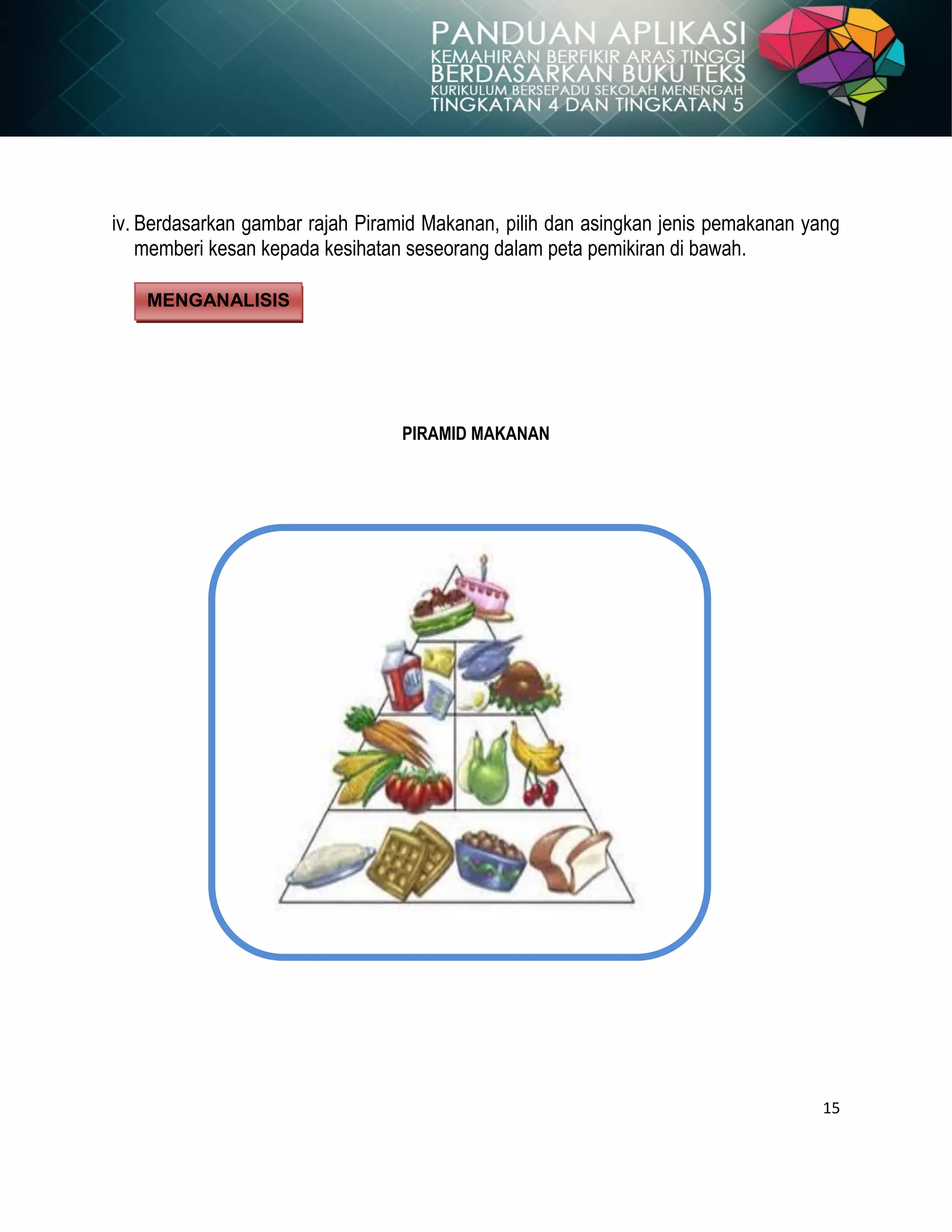 15
iv. Berdasarkan gambar rajah Piramid Makanan, pilih dan asingkan jenis pemakanan yang
memberi kesan kepada kesihatan seseorang dalam peta pemikiran di bawah.
MENGANALISIS
PIRAMID MAKANAN
 