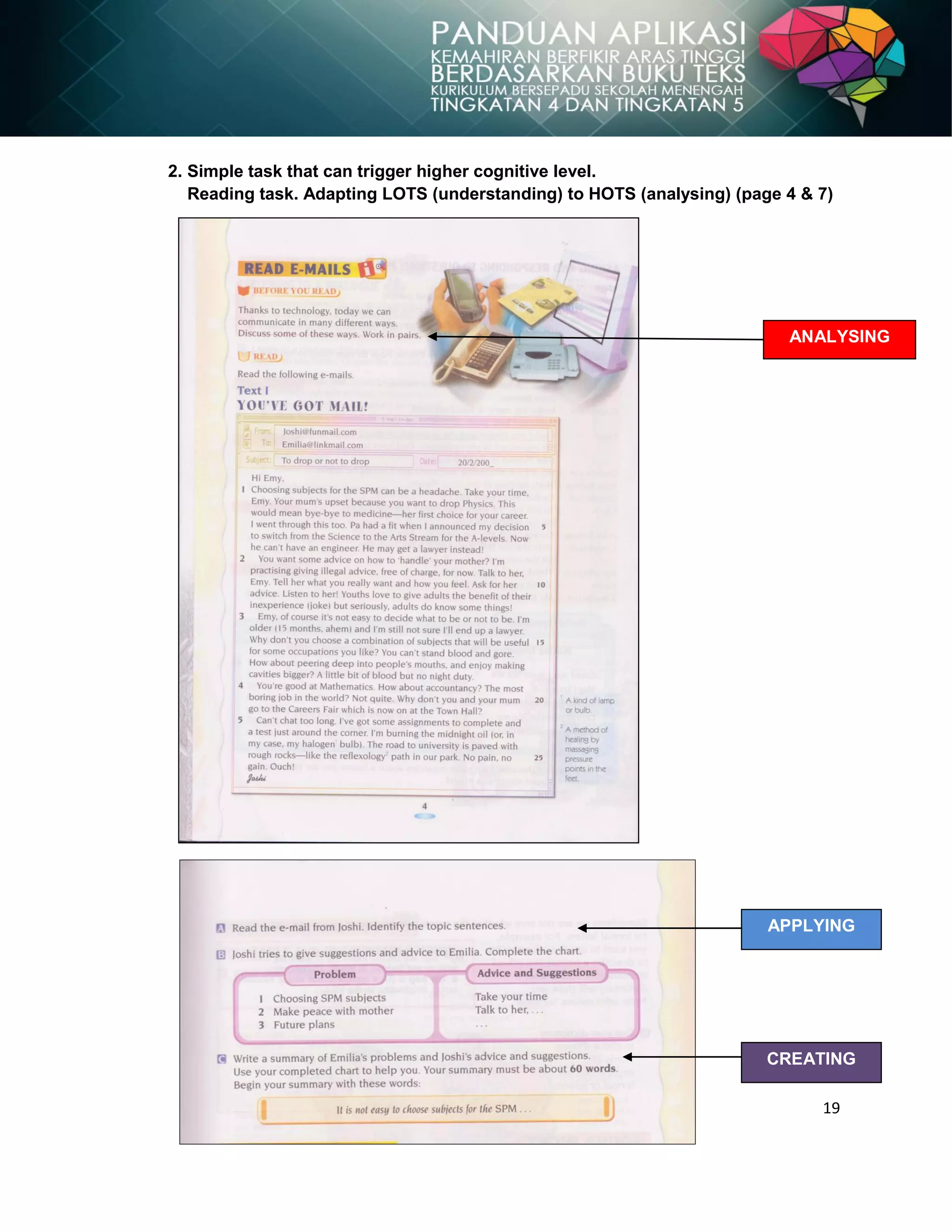19
2. Simple task that can trigger higher cognitive level.
Reading task. Adapting LOTS (understanding) to HOTS (analysing) (page 4 & 7)
ANALYSING
CREATING
APPLYING
 