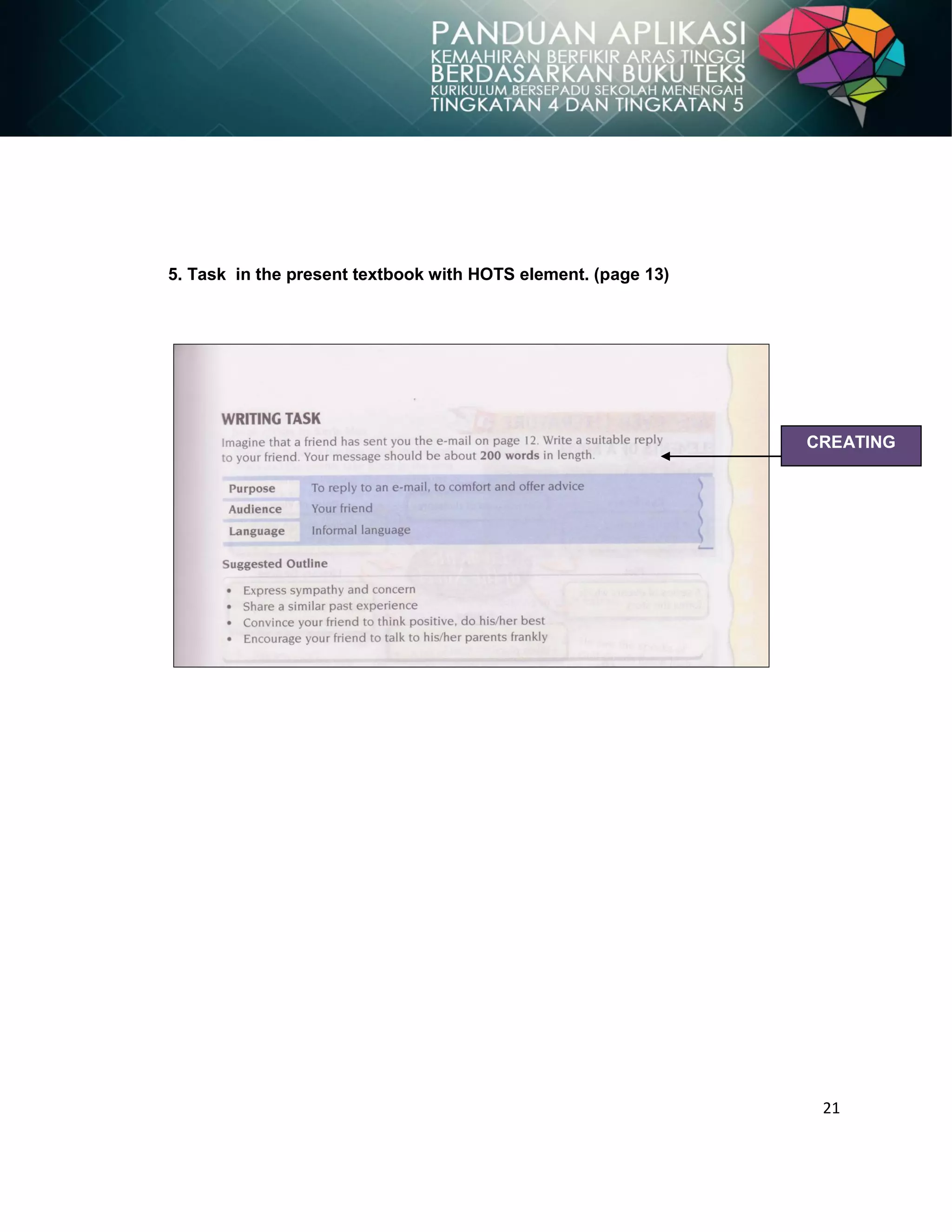 21
5. Task in the present textbook with HOTS element. (page 13)
CREATING
 