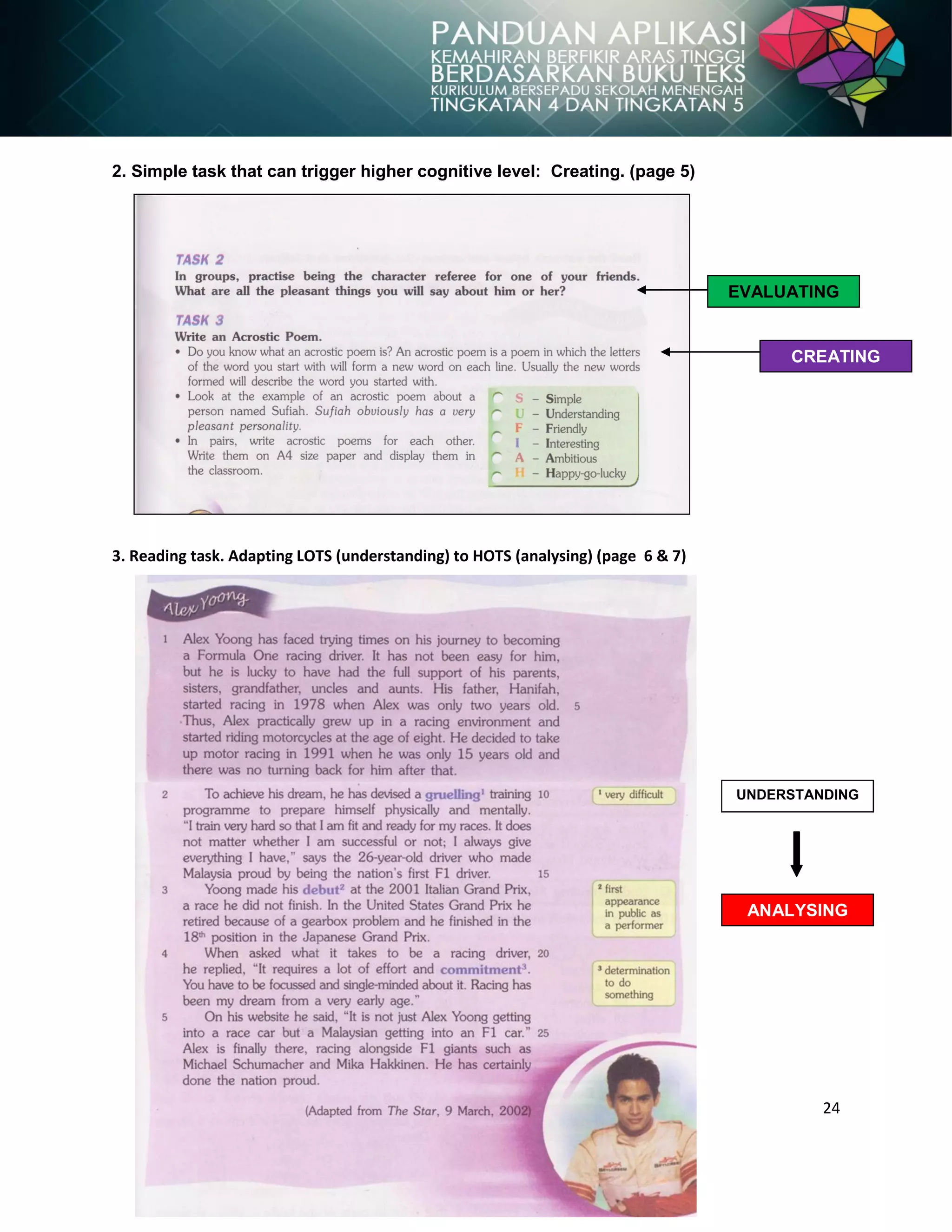 24
2. Simple task that can trigger higher cognitive level: Creating. (page 5)
3. Reading task. Adapting LOTS (understanding) to HOTS (analysing) (page 6 & 7)
CREATING
EVALUATING
ANALYSING
UNDERSTANDING
 
