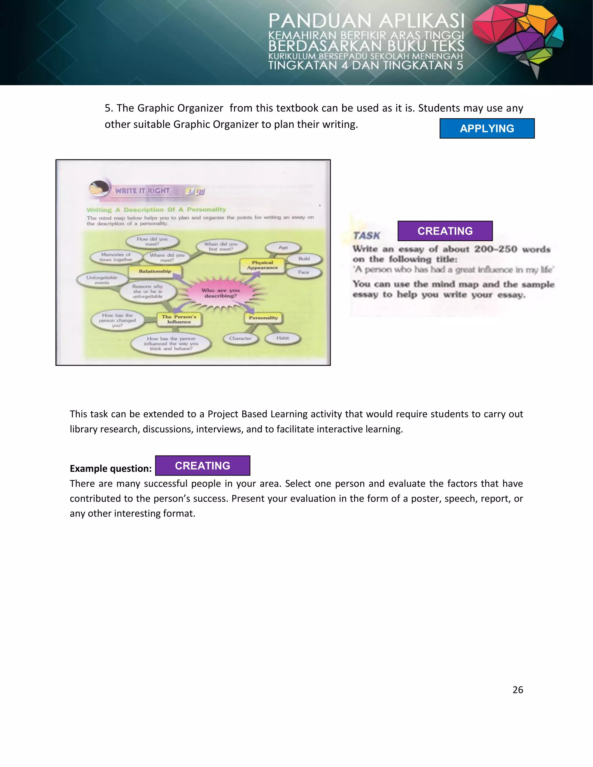 26
5. The Graphic Organizer from this textbook can be used as it is. Students may use any
other suitable Graphic Organizer to plan their writing.
This task can be extended to a Project Based Learning activity that would require students to carry out
library research, discussions, interviews, and to facilitate interactive learning.
Example question:
There are many successful people in your area. Select one person and evaluate the factors that have
contributed to the person’s success. Present your evaluation in the form of a poster, speech, report, or
any other interesting format.
APPLYING
CREATING
CREATING
 