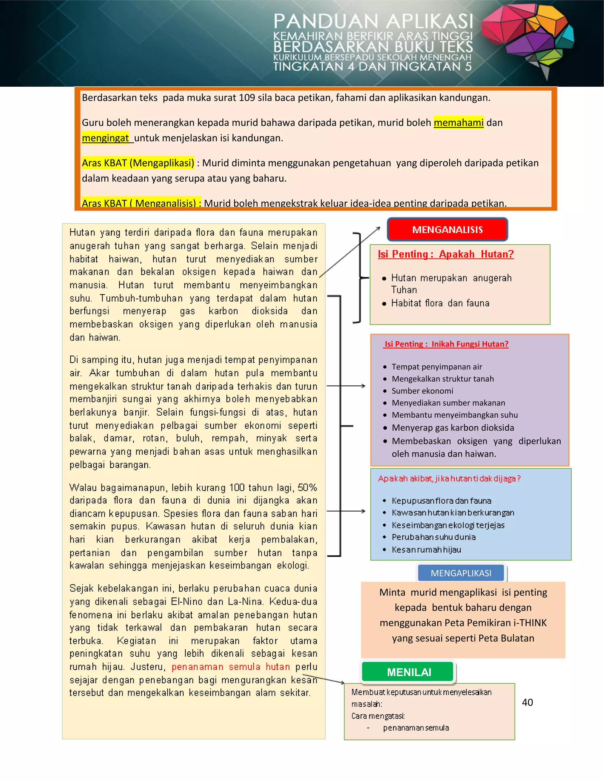 40
MENGAPLIKASI
MENILAI
Berdasarkan teks pada muka surat 109 sila baca petikan, fahami dan aplikasikan kandungan.
Guru boleh menerangkan kepada murid bahawa daripada petikan, murid boleh memahami dan
mengingat untuk menjelaskan isi kandungan.
Aras KBAT (Mengaplikasi) : Murid diminta menggunakan pengetahuan yang diperoleh daripada petikan
dalam keadaan yang serupa atau yang baharu.
Aras KBAT ( Menganalisis) : Murid boleh mengekstrak keluar idea-idea penting daripada petikan.
Isi Penting : Inikah Fungsi Hutan?
Tempat penyimpanan air
Mengekalkan struktur tanah
Sumber ekonomi
Menyediakan sumber makanan
Membantu menyeimbangkan suhu
Menyerap gas karbon dioksida
Membebaskan oksigen yang diperlukan
oleh manusia dan haiwan.
Minta murid mengaplikasi isi penting
kepada bentuk baharu dengan
menggunakan Peta Pemikiran i-THINK
yang sesuai seperti Peta Bulatan
 