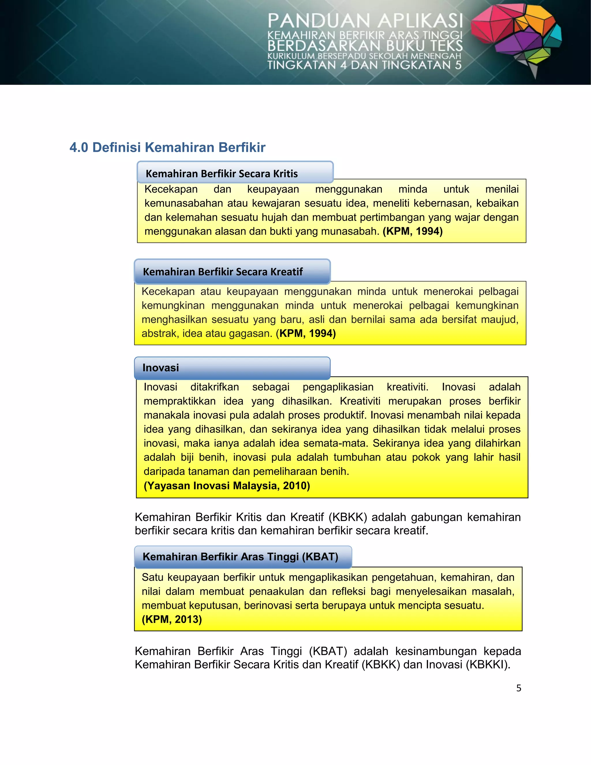 5
4.0 Definisi Kemahiran Berfikir
I
Kemahiran Berfikir Kritis dan Kreatif (KBKK) adalah gabungan kemahiran
berfikir secara kritis dan kemahiran berfikir secara kreatif.
Kemahiran Berfikir Aras Tinggi (KBAT) adalah kesinambungan kepada
Kemahiran Berfikir Secara Kritis dan Kreatif (KBKK) dan Inovasi (KBKKI).
Kecekapan dan keupayaan menggunakan minda untuk menilai
kemunasabahan atau kewajaran sesuatu idea, meneliti kebernasan, kebaikan
dan kelemahan sesuatu hujah dan membuat pertimbangan yang wajar dengan
menggunakan alasan dan bukti yang munasabah. (KPM, 1994)
Kecekapan atau keupayaan menggunakan minda untuk menerokai pelbagai
kemungkinan menggunakan minda untuk menerokai pelbagai kemungkinan
menghasilkan sesuatu yang baru, asli dan bernilai sama ada bersifat maujud,
abstrak, idea atau gagasan. (KPM, 1994)
Inovasi ditakrifkan sebagai pengaplikasian kreativiti. Inovasi adalah
mempraktikkan idea yang dihasilkan. Kreativiti merupakan proses berfikir
manakala inovasi pula adalah proses produktif. Inovasi menambah nilai kepada
idea yang dihasilkan, dan sekiranya idea yang dihasilkan tidak melalui proses
inovasi, maka ianya adalah idea semata-mata. Sekiranya idea yang dilahirkan
adalah biji benih, inovasi pula adalah tumbuhan atau pokok yang lahir hasil
daripada tanaman dan pemeliharaan benih.
(Yayasan Inovasi Malaysia, 2010)
Satu keupayaan berfikir untuk mengaplikasikan pengetahuan, kemahiran, dan
nilai dalam membuat penaakulan dan refleksi bagi menyelesaikan masalah,
membuat keputusan, berinovasi serta berupaya untuk mencipta sesuatu.
(KPM, 2013)
Kemahiran Berfikir Secara Kritis
Kemahiran Berfikir Secara Kreatif
Inovasi
Elemen Merentas Kurikulum
Kemahiran Berfikir Aras Tinggi (KBAT)
 