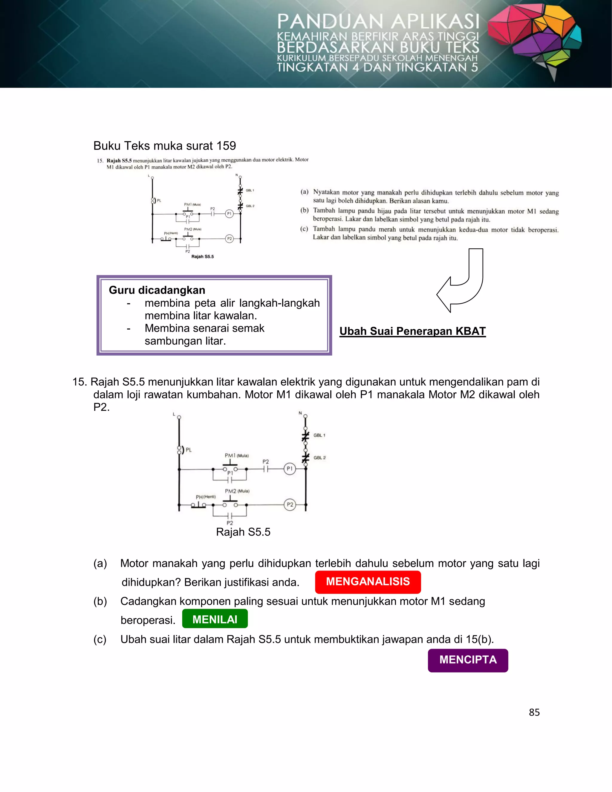 85
Buku Teks muka surat 159
Ubah Suai Penerapan KBAT
15. Rajah S5.5 menunjukkan litar kawalan elektrik yang digunakan untuk mengendalikan pam di
dalam loji rawatan kumbahan. Motor M1 dikawal oleh P1 manakala Motor M2 dikawal oleh
P2.
Rajah S5.5
(a) Motor manakah yang perlu dihidupkan terlebih dahulu sebelum motor yang satu lagi
dihidupkan? Berikan justifikasi anda.
(b) Cadangkan komponen paling sesuai untuk menunjukkan motor M1 sedang
beroperasi.
(c) Ubah suai litar dalam Rajah S5.5 untuk membuktikan jawapan anda di 15(b).
Guru dicadangkan
- membina peta alir langkah-langkah
membina litar kawalan.
- Membina senarai semak
sambungan litar.
MENGANALISIS
MENCIPTA
MENILAI
 