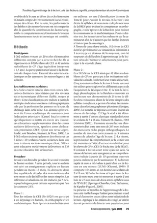 Troubles d’apprentissage de la lecture : rôle des facteurs cognitifs, comportementaux et socio-économiques 
troubles de la lecture au début du cycle élémentaire 
en tenant compte de l’environnement socio-écono-mique 
des élèves. Par la suite, les performances 
des faibles et des normo-lecteurs ont été comparées 
afin de quantifier la contribution des facteurs cog-nitifs 
et comportementaux/émotionnels lorsque 
l’environnement socio-économique est contrôlé. 
Méthode 
Participants 
1 062 enfants venant de 20 écoles élémentaires 
différentes ont pris part à cette recherche. Ils se 
répartissent en 1 020 enfants de CE1 et 42 enfants 
redoublants de CP d’âge équivalent (moyenne 
= 7,5 ans). La participation était laissée à la discré-tion 
de chaque école. L’accord des autorités aca-démiques 
et des parents ou des tuteurs légaux a été 
sollicité. 
Les établissements scolaires : 
Les écoles étaient situées dans trois zones édu-catives 
distinctes caractérisées par des niveaux 
socio-économiques différents (faible, moyen et 
élevé). Cette classification a été réalisée à partir de 
multiples indicateurs sociaux et démographiques 
tels que la profession des parents ou le taux de 
chômage dans cette zone. Ces données provien-nent 
du Centre académique de ressources pour 
l’éducation prioritaire (Carep) local et servent 
spécifiquement à mettre en oeuvre des ressour-ces 
éducatives supplémentaires dans les zones 
scolaires défavorisées, appelées zones d’éduca-tion 
prioritaires (ZEP) (pour une revue appro-fondie, 
voir Bénabou, Kramarz, & Prost, 2004). Les 
1062 enfants étaient également distribués sur ces 
3 zones : 335 enfants étaient scolarisés dans une 
zone à niveau socio-économique élevé, 389 en 
zone éducative modérément défavorisée et 338 
en zone éducative très défavorisée. 
Procédure 
L’étude s’est déroulée pendant le second trimestre 
de l’année scolaire. A cette période, tous les enfants 
ont suivi un enseignement explicite en lecture 
pendant au moins 16 mois. Ils devraient donc 
être capables de décoder des mots isolés ou des 
non-mots et de déchiffrer des textes simples. Les 
différentes évaluations ont été réalisées par 5 neu-ropsychologues 
pour enfants supervisés par l’un 
des auteurs (J.F.). 
Phase 1 : 
Tous les enfants de CE1 (N=1 020) ont participé 
à un dépistage en lecture, en orthographe et en 
mathématiques. Trois épreuves standardisées ont 
été utilisées : un test d’identification de mots (le 
Timé2) pour évaluer le niveau en lecture ; une 
dictée de syllabes, de non-mots et de phrases issus 
de la BREV pour évaluer les compétences en ortho-graphe, 
et une épreuve de la Batelem pour évaluer 
les connaissances en mathématiques. Pour ce der-nier 
test, les items étaient lus oralement par l’exa-minateur 
afin de s’assurer que les faibles lecteurs 
n’étaient pas désavantagés. 
A l’issue de cette phase initiale, 192 élèves de CE1 
dont les performances se situaient au minimum à 
1 écart-type en dessous de la moyenne, ont été 
suspectés de difficultés d’apprentissage de la lec-ture 
et/ou de l’écriture et sélectionnés pour parti-ciper 
à la seconde phase. 
Phase 2 : 
Ces 192 élèves de CE1 ainsi que 42 élèves redou-blants 
de CP ont participé à des évaluations indi-viduelles 
afin de confirmer leur retard en lecture. 
Cinq tests standardisés de lecture à haute voix ont 
été utilisés pour explorer les différents aspects de 
l’acquisition de la langue écrite. 1) Le test de déco-dage 
phonologique de la Batelem consistant en 
une lecture non chronométrée de 29 items de dif-ficultés 
croissantes allant de la lettre simple à des 
syllabes complexes, a permis d’évaluer la connais-sance 
des relations graphèmes-phonèmes (Savigny, 
2001). Le nombre de réponses correctes fournit un 
niveau de décodage. 2) L’âge lexical a été déter-miné 
à partir d’un test classique standardisé pour 
les enfants de 6 à 16 ans, l’Alouette (Lefavrais, 1965 
(révision 2006)). Il consiste en une lecture chro-nométrée 
d’un texte sans sens de 265 mots incluant 
des mots rares et des pièges orthographiques. Le 
nombre de mots lus correctement en 3 minutes 
permet de calculer l’âge de lecture. 3) La vitesse, 
la précision et la compréhension de la lecture ont 
été mesurées à l’aide d’un test standardisé pour 
les élèves de CP et CE1 (le Pacha issu de la BELO). 
Il consiste à lire un court texte ayant un sens. Sa 
vitesse de lecture a été enregistrée et sa compréhen-sion 
évaluée à partir de 10 questions ouvertes 
posées oralement par l’examinateur. 4) La lecture 
rapide de mots a été évaluée à partir d’un test de lec-ture 
en une minute (LUM) (Khomsi, 1999). Il 
comporte 105 items et est destiné aux enfants de 
7 à 11 ans. 5) Enfin, la vitesse et la précision de lec-ture 
de non-mots ont été mesurées à partir d’une 
liste de 27 non-mots de deux à trois syllabes issus 
de l’EVALEC (Sprenger-Charolles, Colé, Béchennec, 
& Kippfer-Piquard, 2005). 
La présence de troubles de l’apprentissage de la lec-ture 
a été établie lorsque l’enfant présentait un retard 
lexical d’au moins un an à deux tests individuels de 
lecture. Appliqué à des enfants de cet âge, ce critère 
devrait permettre de détecter une population pour 
Développements / juin 2009 23 
 