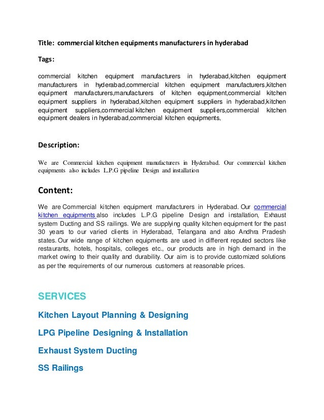 Commercial Kitchen Equipments Manufacturers In Hyderabad