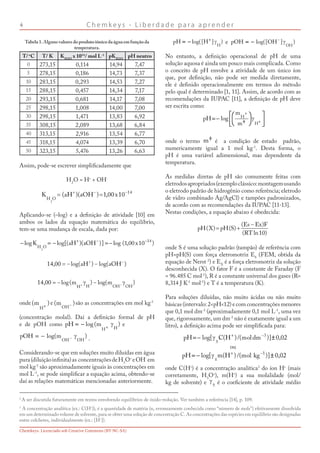 C h e m k e y s - L i b e r d a d e p a r a a p r e n d e r
Chemkeys. Licenciado sob Creative Commons (BY-NC-SA)
Tabela1.Algunsvaloresdoprodutoiônicodaáguaemfunçãoda
temperatura.
T/o
C T/ K KH2O
x 1014
/ mol L-1
pKH2O
pH neutro
0 273,15 0,114 14,94 7,47
5 278,15 0,186 14,73 7,37
10 283,15 0,293 14,53 7,27
15 288,15 0,457 14,34 7,17
20 293,15 0,681 14,17 7,08
25 298,15 1,008 14,00 7,00
30 298,15 1,471 13,83 6,92
35 308,15 2,089 13,68 6,84
40 313,15 2,916 13,54 6,77
45 318,15 4,074 13,39 6,70
50 323,15 5,476 13,26 6,63
Assim, pode-se escrever simplificadamente que
H2
O = H+
+ OH-
Aplicando-se (–log) e a definição de atividade [10] em
ambos os lados da equação matemática do equilíbrio,
tem-se uma mudança de escala, dada por:
onde e são as concentrações em mol kg-1
(concentração molal). Daí a definição formal de pH
e de pOH como e
.
Considerando-se que em soluções muito diluídas em água
pura(diluiçãoinfinita)as concentraçõesdeH3
O+
eOH-
em
mol kg-1
são aproximadamente iguais às concentrações em
mol L-1
, se pode simplificar a equação acima, obtendo-se
daí as relações matemáticas mencionadas anteriormente.
e
No entanto, a definição operacional de pH de uma
solução aquosa é ainda um pouco mais complicada. Como
o conceito de pH envolve a atividade de um único íon
que, por definição, não pode ser medida diretamente,
ele é definido operacionalmente em termos do método
pelo qual é determinado [1, 11]. Assim, de acordo com as
recomendações da IUPAC [11], a definição de pH deve
ser escrita como:
onde o termo é a condição de estado padrão,
numericamente igual a 1 mol kg-1
. Desta forma, o
pH é uma variável adimensional, mas dependente da
temperatura.
As medidas diretas de pH são comumente feitas com
eletrodosapropriados(exemploclássico:montagemusando
o eletrodo padrão de hidrogênio como referência; eletrodo
de vidro combinado Ag/AgCl) e tampões padronizados,
de acordo com as recomendações da IUPAC [11-13].
Nestas condições, a equação abaixo é obedecida:
onde S é uma solução padrão (tampão) de referência com
pH=pH(S) com força eletromotriz ES
(FEM, obtida da
equação de Nerst 2
) e EX
é a força eletromotriz da solução
desconhecida (X). O fator F é a constante de Faraday (F
= 96.485 C mol-1
), R é a constante universal dos gases (R=
8,314 J K-1
mol-1
) e T é a temperatura (K).
Para soluções diluídas, não muito ácidas ou não muito
básicas (intervalo: 2pH12) e com concentrações menores
que 0,1 mol dm-3
(aproximadamente 0,1 mol L-1
, uma vez
que, rigorosamente, um dm-3
não é exatamente igual a um
litro), a definição acima pode ser simplificada para:
ou
onde C(H+
) é a concentração analítica3
do íon H+
(mais
corretamente, H3
O+
), m(H+
) a sua molalidade (mol/
kg de solvente) e é o coeficiente de atividade médio
2
A ser discutida futuramente em textos envolvendo equilíbrios de óxido-redução. Ver também a referência [14], p. 109.
3
A concentração analítica (ex.: C(H+
)), é a quantidade de matéria (n, erroneamente conhecida como “número de mols”) efetivamente dissolvida
em um determinado volume de solvente, para se obter uma solução de concentração C. As concentrações das espécies em equilíbrio são designadas
entre colchetes, individualmente (ex.: [H+
]).
 