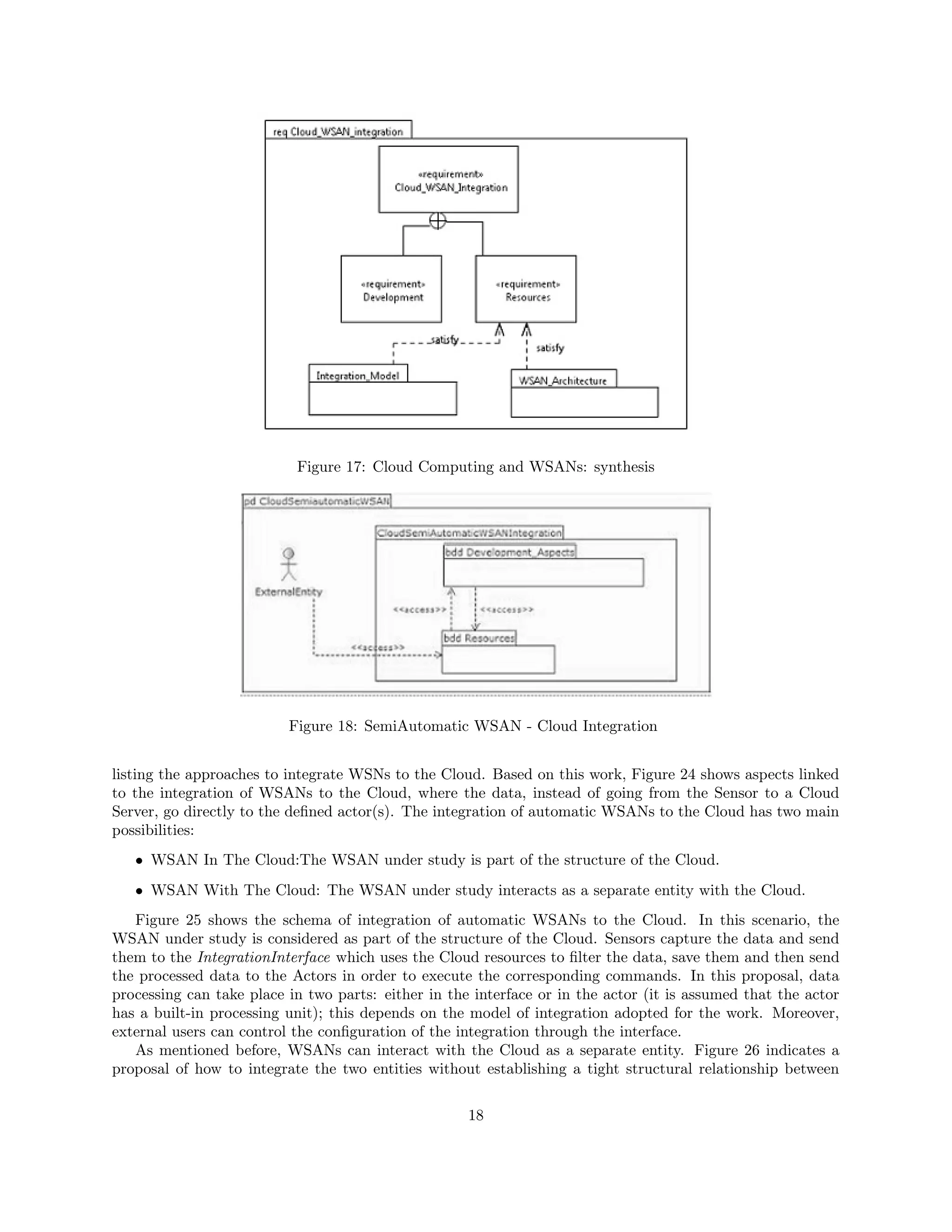 Figure 17: Cloud Computing and WSANs: synthesis 
Figure 18: SemiAutomatic WSAN - Cloud Integration 
listing the approaches to integrate WSNs to the Cloud. Based on this work, Figure 24 shows aspects linked 
to the integration of WSANs to the Cloud, where the data, instead of going from the Sensor to a Cloud 
Server, go directly to the defined actor(s). The integration of automatic WSANs to the Cloud has two main 
possibilities: 
 WSAN In The Cloud:The WSAN under study is part of the structure of the Cloud. 
 WSAN With The Cloud: The WSAN under study interacts as a separate entity with the Cloud. 
Figure 25 shows the schema of integration of automatic WSANs to the Cloud. In this scenario, the 
WSAN under study is considered as part of the structure of the Cloud. Sensors capture the data and send 
them to the IntegrationInterface which uses the Cloud resources to filter the data, save them and then send 
the processed data to the Actors in order to execute the corresponding commands. In this proposal, data 
processing can take place in two parts: either in the interface or in the actor (it is assumed that the actor 
has a built-in processing unit); this depends on the model of integration adopted for the work. Moreover, 
external users can control the configuration of the integration through the interface. 
As mentioned before, WSANs can interact with the Cloud as a separate entity. Figure 26 indicates a 
proposal of how to integrate the two entities without establishing a tight structural relationship between 
18 
 