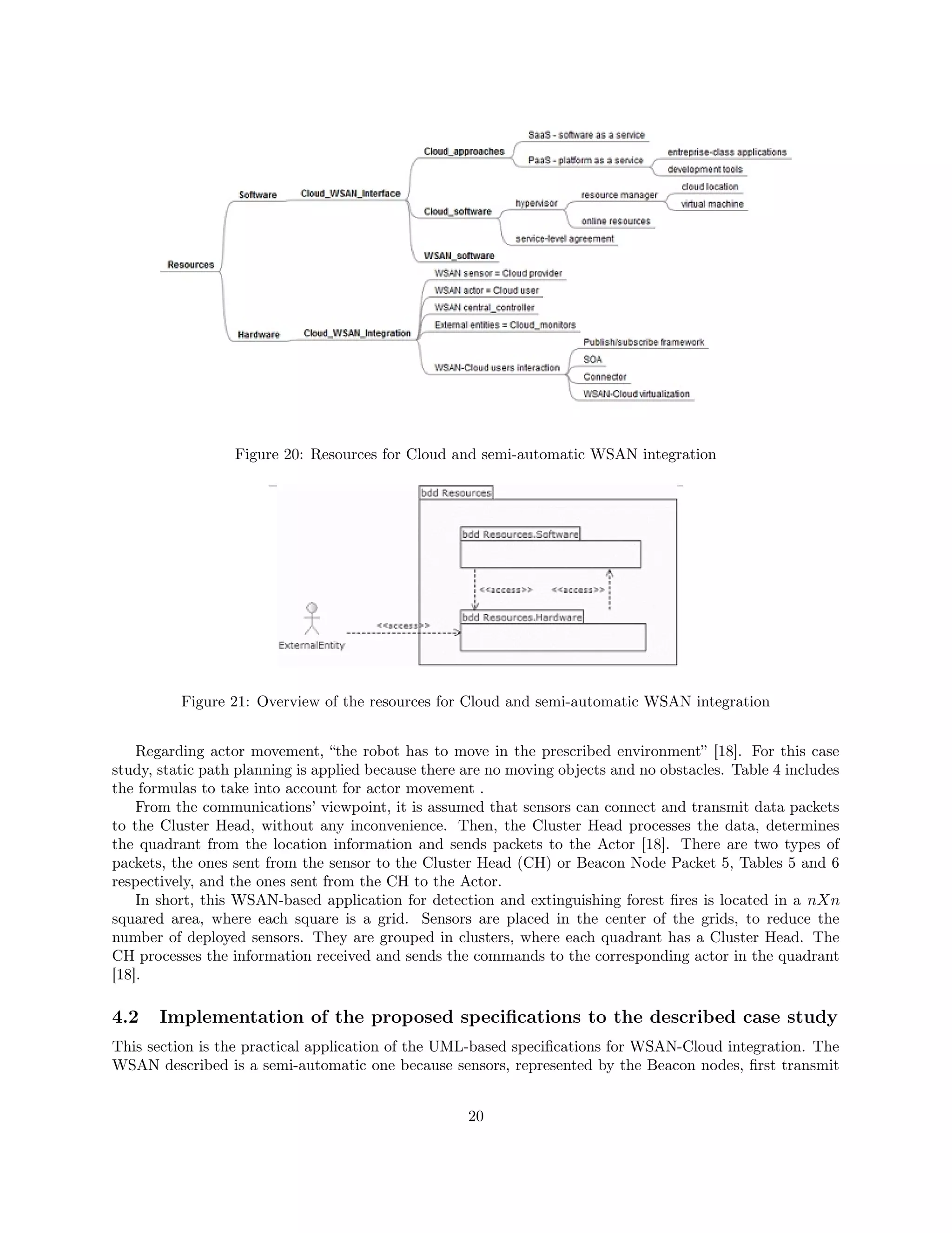 Figure 20: Resources for Cloud and semi-automatic WSAN integration 
Figure 21: Overview of the resources for Cloud and semi-automatic WSAN integration 
Regarding actor movement, “the robot has to move in the prescribed environment” [18]. For this case 
study, static path planning is applied because there are no moving objects and no obstacles. Table 4 includes 
the formulas to take into account for actor movement . 
From the communications’ viewpoint, it is assumed that sensors can connect and transmit data packets 
to the Cluster Head, without any inconvenience. Then, the Cluster Head processes the data, determines 
the quadrant from the location information and sends packets to the Actor [18]. There are two types of 
packets, the ones sent from the sensor to the Cluster Head (CH) or Beacon Node Packet 5, Tables 5 and 6 
respectively, and the ones sent from the CH to the Actor. 
In short, this WSAN-based application for detection and extinguishing forest fires is located in a nXn 
squared area, where each square is a grid. Sensors are placed in the center of the grids, to reduce the 
number of deployed sensors. They are grouped in clusters, where each quadrant has a Cluster Head. The 
CH processes the information received and sends the commands to the corresponding actor in the quadrant 
[18]. 
4.2 Implementation of the proposed specifications to the described case study 
This section is the practical application of the UML-based specifications for WSAN-Cloud integration. The 
WSAN described is a semi-automatic one because sensors, represented by the Beacon nodes, first transmit 
20 
 