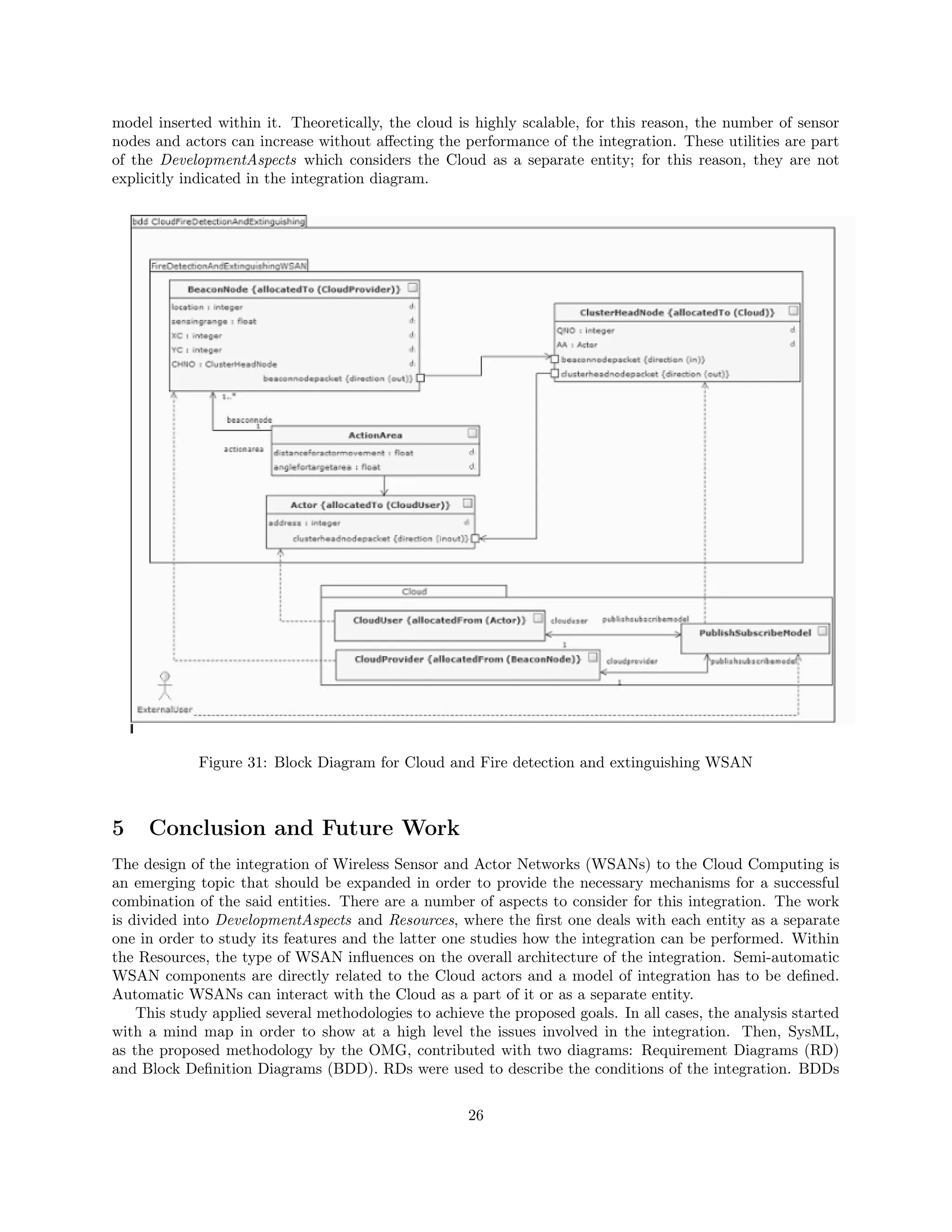 model inserted within it. Theoretically, the cloud is highly scalable, for this reason, the number of sensor 
nodes and actors can increase without affecting the performance of the integration. These utilities are part 
of the DevelopmentAspects which considers the Cloud as a separate entity; for this reason, they are not 
explicitly indicated in the integration diagram. 
Figure 31: Block Diagram for Cloud and Fire detection and extinguishing WSAN 
5 Conclusion and Future Work 
The design of the integration of Wireless Sensor and Actor Networks (WSANs) to the Cloud Computing is 
an emerging topic that should be expanded in order to provide the necessary mechanisms for a successful 
combination of the said entities. There are a number of aspects to consider for this integration. The work 
is divided into DevelopmentAspects and Resources, where the first one deals with each entity as a separate 
one in order to study its features and the latter one studies how the integration can be performed. Within 
the Resources, the type of WSAN influences on the overall architecture of the integration. Semi-automatic 
WSAN components are directly related to the Cloud actors and a model of integration has to be defined. 
Automatic WSANs can interact with the Cloud as a part of it or as a separate entity. 
This study applied several methodologies to achieve the proposed goals. In all cases, the analysis started 
with a mind map in order to show at a high level the issues involved in the integration. Then, SysML, 
as the proposed methodology by the OMG, contributed with two diagrams: Requirement Diagrams (RD) 
and Block Definition Diagrams (BDD). RDs were used to describe the conditions of the integration. BDDs 
26 
 