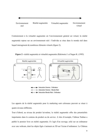 Environnement           Réalité augmentée   Virtualité augmentée           Environnement
          réel                                                                      virtuel 
            



Contrairement à la virtualité augmentée où l’environnement général est virtuel, la réalité

augmentée repose sur un environnement réel : l’individu se situe dans le monde réel dans

lequel interagissent de nombreux éléments virtuels (figure 2).



    Figure 2 - réalité augmentée et virtualité augmentée (Rekimoto J. et Nagao K. (1995)


               Réalité augmentée                            Virtualité augmentée 




Les apports de la réalité augmentée pour le marketing sont colossaux peuvent se situer à

quatre niveaux différents.

Tout d’abord, au niveau du produit lui-même, la réalité augmentée offre des potentialités

importantes dans le contenu du produit ou du service. A titre d’exemple, l’éditeur Nathan a

publié le premier livre en réalité augmentée. Il s’agit d’un ouvrage, relié sur un ordinateur

avec une webcam, dont les objets figés s’animent en 3D sur l’écran d’ordinateur. Le Château

                                                                                                9 
        
 