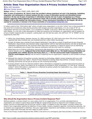 Article: Does Your Organization Have A Privacy Incident Response Plan? (Print Version)                                        Page 1 of 6

 Article: Does Your Organization Have A Privacy Incident Response Plan?
    May 2007 Newsletter
    Printer Friendly Version
 Author: William L. Dana, CISSP, CISM, CBCP, CIPP
 With 14 years of experience, Mr. Dana’s career has provided a diverse experience not only in the designing, installation,
 integration, and maintenance of network systems but also in areas of information security and information privacy
 assurance. He has over 8 years of experience in information security and over 6 years of experience as a Privacy
 Engineer supporting Federal Agencies and Commercial clients. Bill is currently working with ISACA’s National Capital Area
 Chapter in DC to help establish the Information Privacy / Privacy Governance Committee for the Chapter. Bill can be
 reached for comments or interests in the Privacy Committee at b.dana@dana-enterprises.com.


 In today’s world of the “Information Age” where virtually every organization is not only “online” but is interconnected or
 has some form of electronic data sharing activities with at least one other organization, it is not a case of “IF” an
 organization will have a privacy breach —it is a question of “WHEN” it will occur. While this may sound pessimistic or
 even fatalist, it is not only a safe assumption to make but should be the foundation an organization uses to prepare its
 privacy incident response plan or program. Looking back over the last two years, the shift from “IF” to “WHEN” can be
 supported by facts like:

       Within the United States, between January 10, 2005 and March 20, 2007 there have been 520 privacy breaches
       reported that have involved over one-hundred-and-four (104) million records.[1]
       At least 30 states have enacted Privacy Breach Notification Laws [2] as a result of significant privacy breaches.
       Notification requirements vary between states (organizations with an international presence will also be faced with
       notification requirements for the countries where they have a presence) in regard to issues such as identifying
       what is considered to be a breach that requires notification and the time frame for notifying.
       While there are no Federal notification requirements [3] depending on the business sector your organization is in,
       Federal Statues such as, Safeguard Rule of the Gramm-Leach-Bliley Act [4], The Health Insurance Portability and
       Accountability Act’s (HIPAA) Security and Privacy Rule [5], or The Fair and Accurate Credit Transactions Act‘s
       (FACTA) record disposal rule [6] may be factors impacting how an organization responds to and handles a privacy
       breach.
       Although the majority of breaches currently reported are technology related, privacy breaches still occur with
       hardcopy documents (see Table 1, Recent Privacy Breaches Involving Paper Documents). A breach involving
       hardcopy documents can be just as serious as one involving technology.
       A privacy breach can be an “internal incident” where information is exposed to unauthorized personnel within an
       organization (e.g. salary information for an employee is disclosed to other employees), or it can be an “external
       incident” where information is disclosed to or obtained by parties outside the organization (e.g., stolen computers,
       hackers, incorrect mailings, etc.).

                            Table 1 – Recent Privacy Breaches Involving Paper Documents [7]
                                                                                                                              # of
    Date      Organization                  Description
                                                                                                                             Records
    1/21/06   California Army National      Stolen briefcase with personal information of National Guardsmen including a    “Hundreds”
              Guard                         “seniority roster,” social security numbers and dates of birth.
    6/8/06    Univ. of Michigan Credit      Paper documents containing personal information of credit union members were      5,000
              Union (Ann Arbor, MI)         stolen from a storage room.
    6/13/06   U.S. Dept of Energy,          Current and former workers at the Hanford Nuclear Reservation were notified       4,000
              Hanford Nuclear               that their personal information may have been compromised, after police found
              Reservation (Richland, WA)    a 1996 list with workers’ names and other information in a home during an
                                            unrelated investigation.
    2/20/07   Back and Joint Institute of   20 boxes containing social security numbers, photocopies of driver’s license    “Hundreds”
              Texas (San Antonio, TX)       numbers, addresses, phone numbers and private medical history of chiropractic
                                            patients were found in a dumpster.



 Why Should My Organization Have a Privacy Incident Response Plan?
 Without question, a privacy breach is a very costly event for an organization. It is currently estimated that an
 organization can expect to spend about $182.00 [8] per compromised record to respond to and mitigate a privacy
 breach (up from an estimated cost of $132 per record in 2005). In addition to the cost aspect, a privacy breach can
 result in your organization getting the attention of news media, industry regulatory agencies, and attorney generals, not
 to mention your organization’s customers. How your organization responds to and handles a privacy breach can have a
 dramatic impact both financially and with regard to public opinion.
 Think of the Privacy Incident Response Plan (PIRP) in the terms of a contingency plan that provides a framework for how



http://isaca-washdc.org/content/newsletters/articles/article-may2007-print.htm                                                  6/7/2007
 