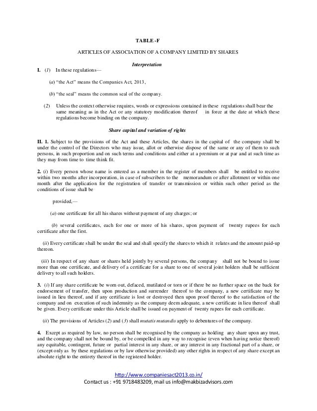 format of aoa article of association as per new companies act 2013 article format