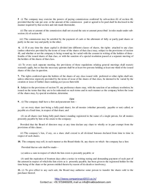 format of aoa article of association as per new companies act 2013 aoa form