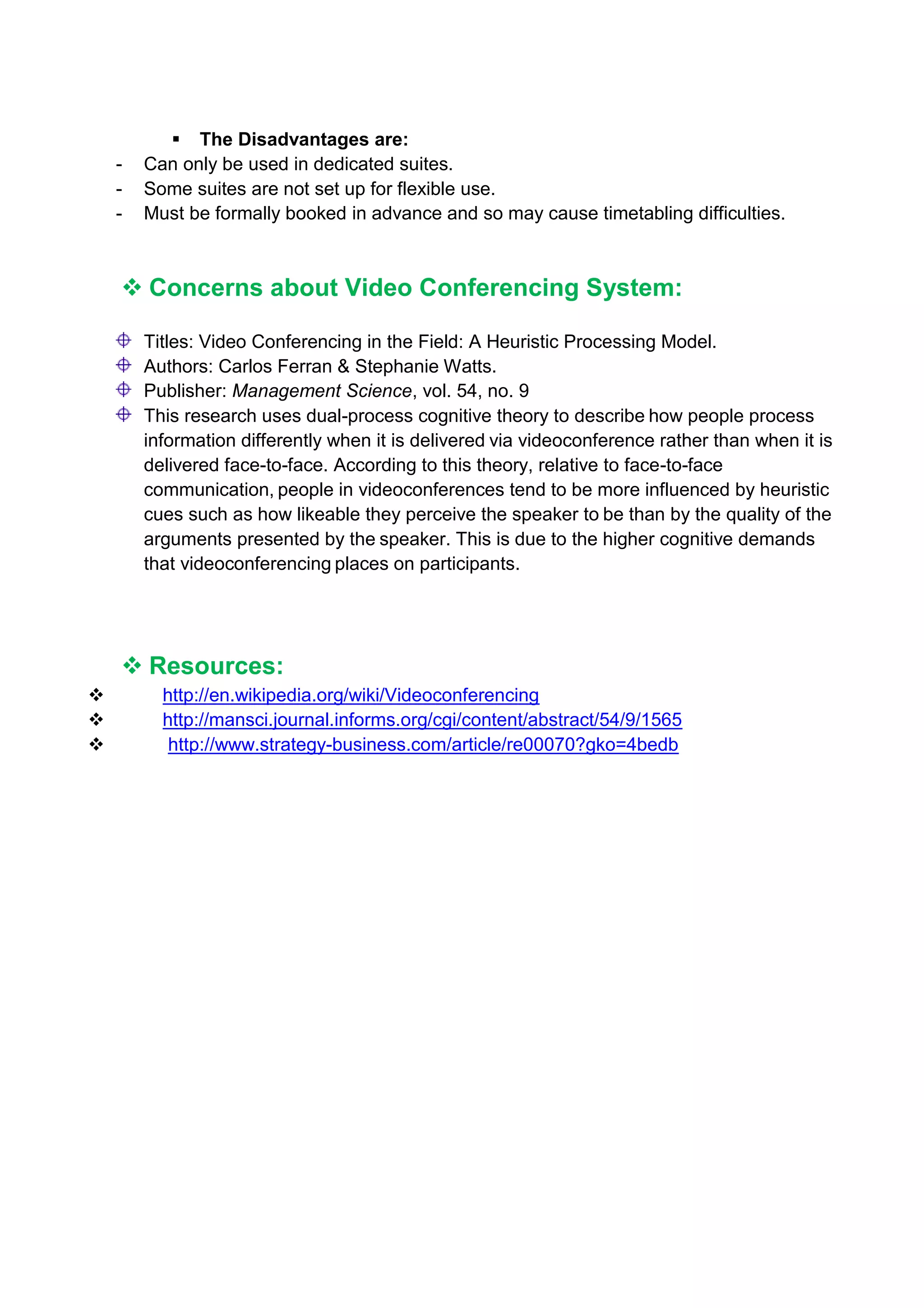 Objectives of using video Conferencing System in Distance Education: Video conferencing System   is an effective tool that may be used in distance education settings. This system can be integrated into the distance education program with minimal adaptation to the curriculum and course and is designed to support two-way video and audio communication between multiple locations. We can summarize the objectives of using video conferencing in distance education as follow:Assist teacher to deliver high quality of teaching and learning.